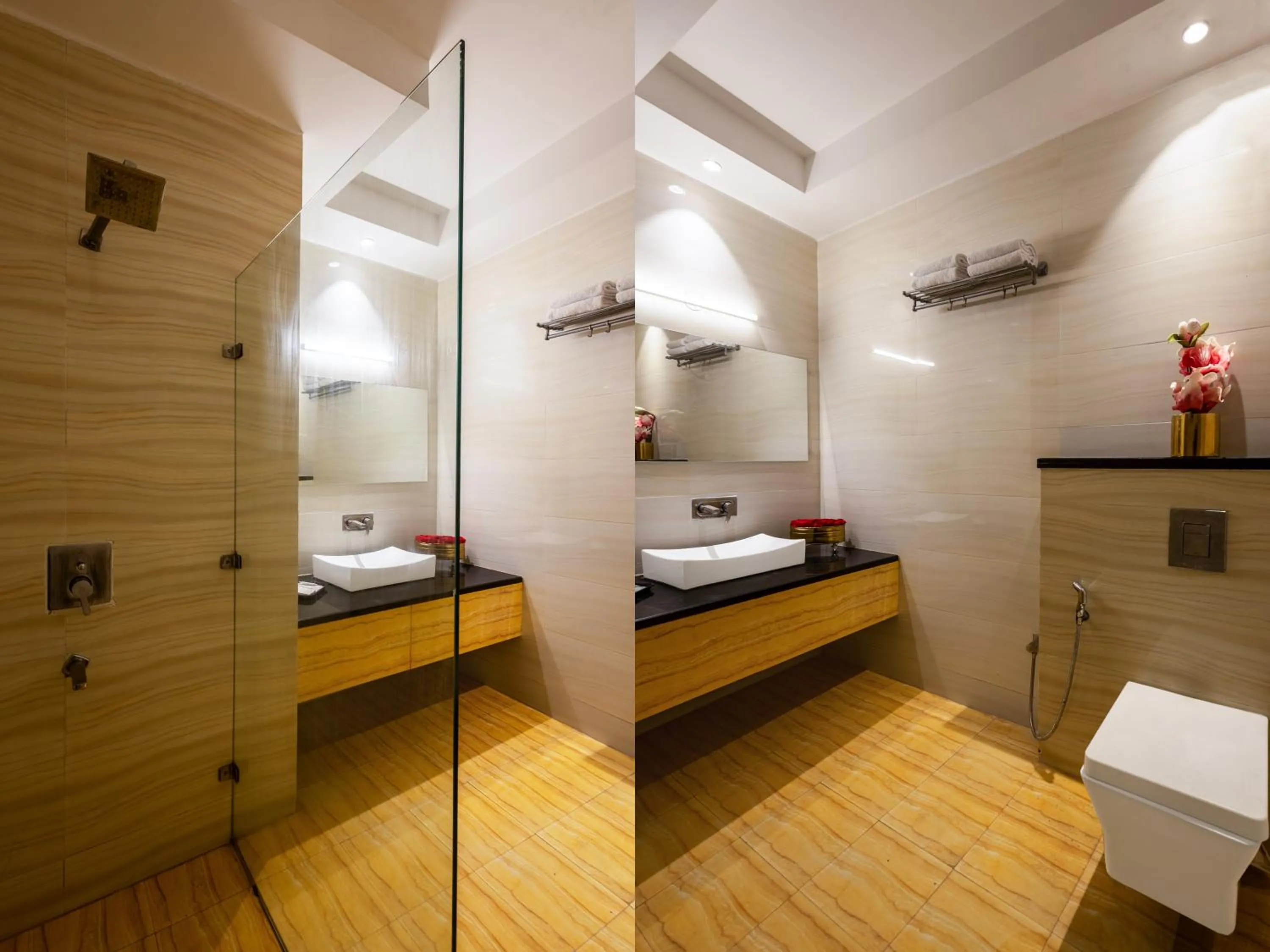 Bathroom, Bed in Hotel Transit International- Aerocity Delhi Airport