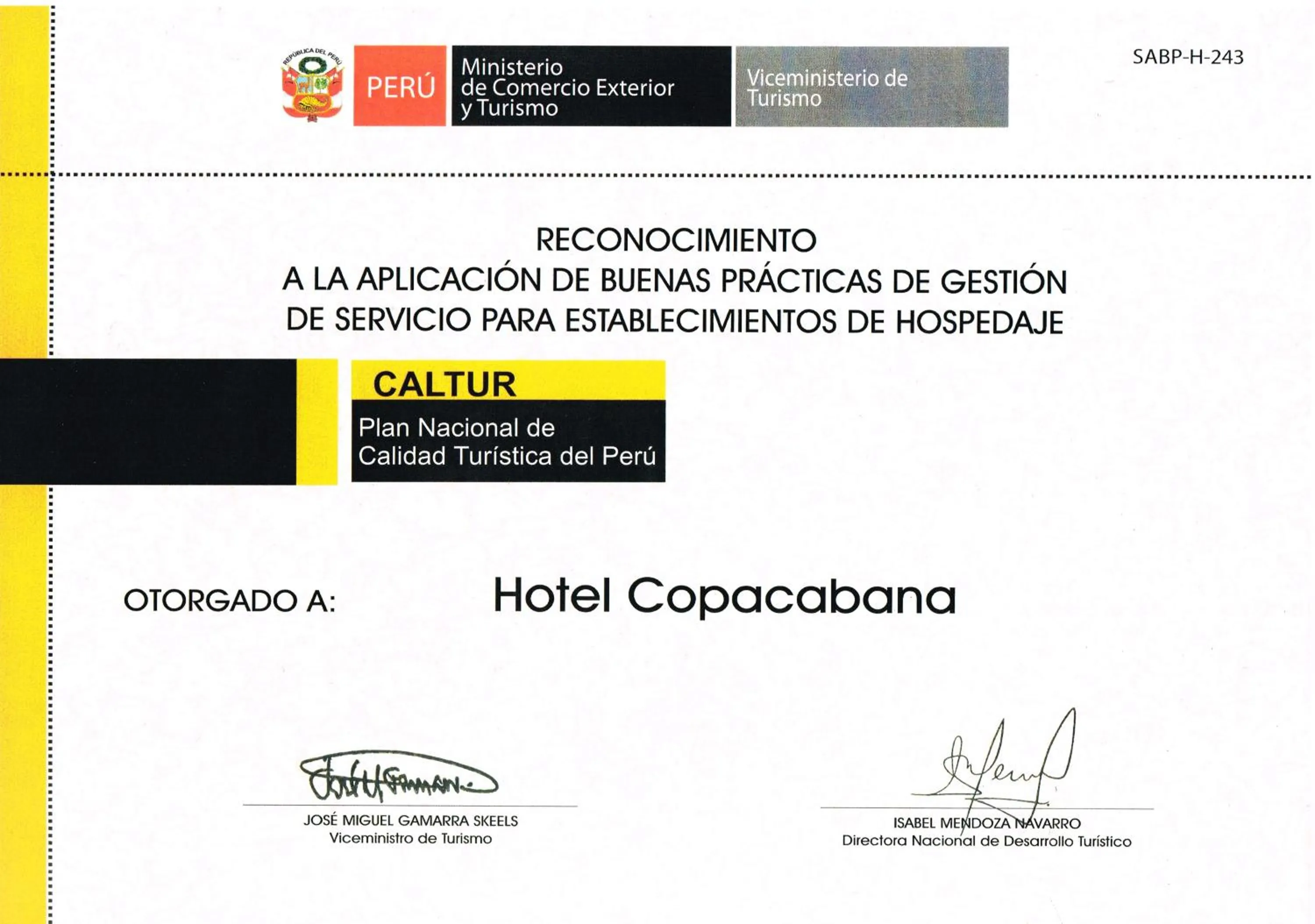 Certificate/Award in Copacabana Hotel