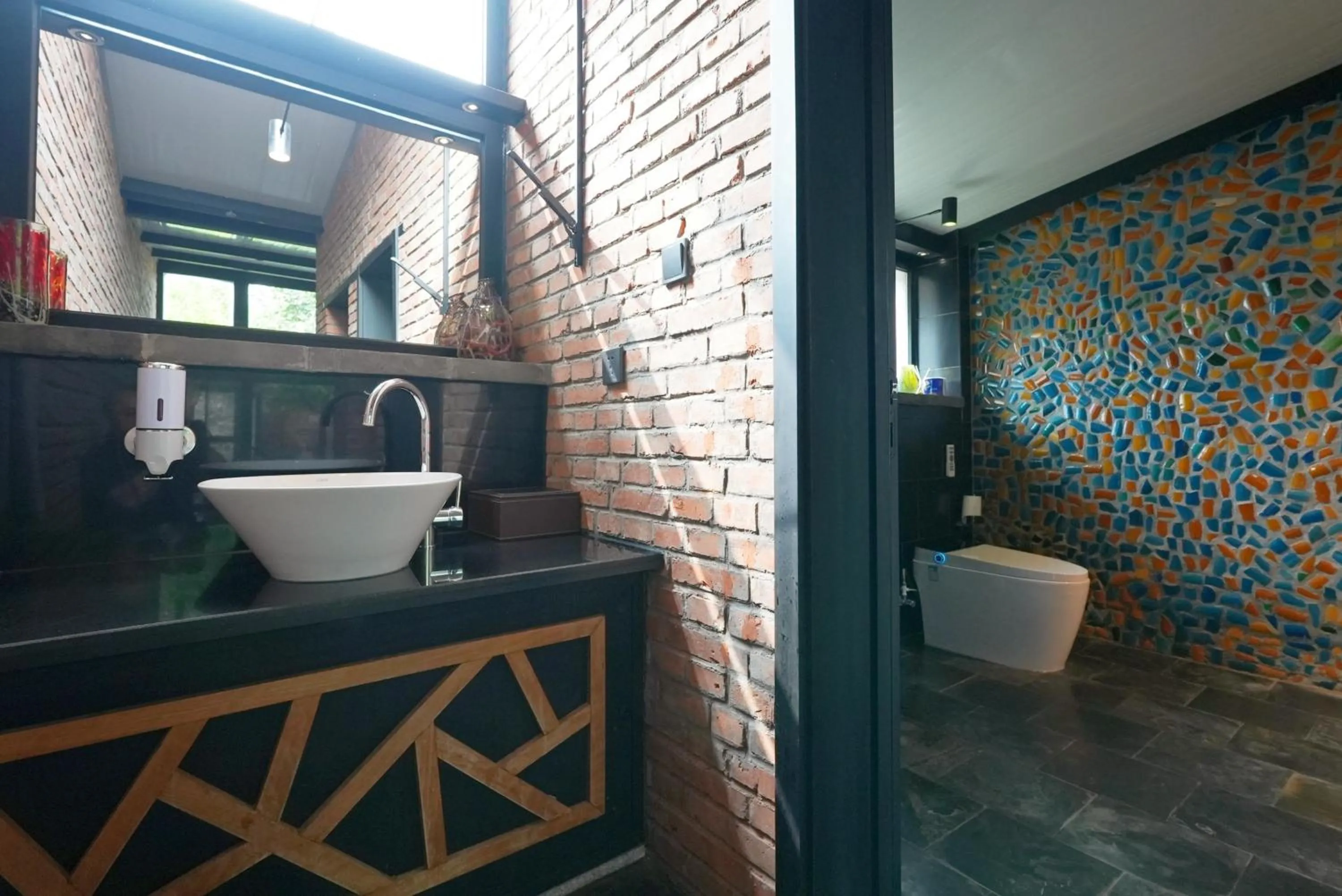 Toilet in Brickyard Retreat at Mutianyu Great Wall Adjoin to Mutianyu Great Wall - Room with the View of Great Wall - Jacuzzi with the View of Great Wall - Vehicle Shuttle Service - International Catering - SPA& Nail Beauty Facilities