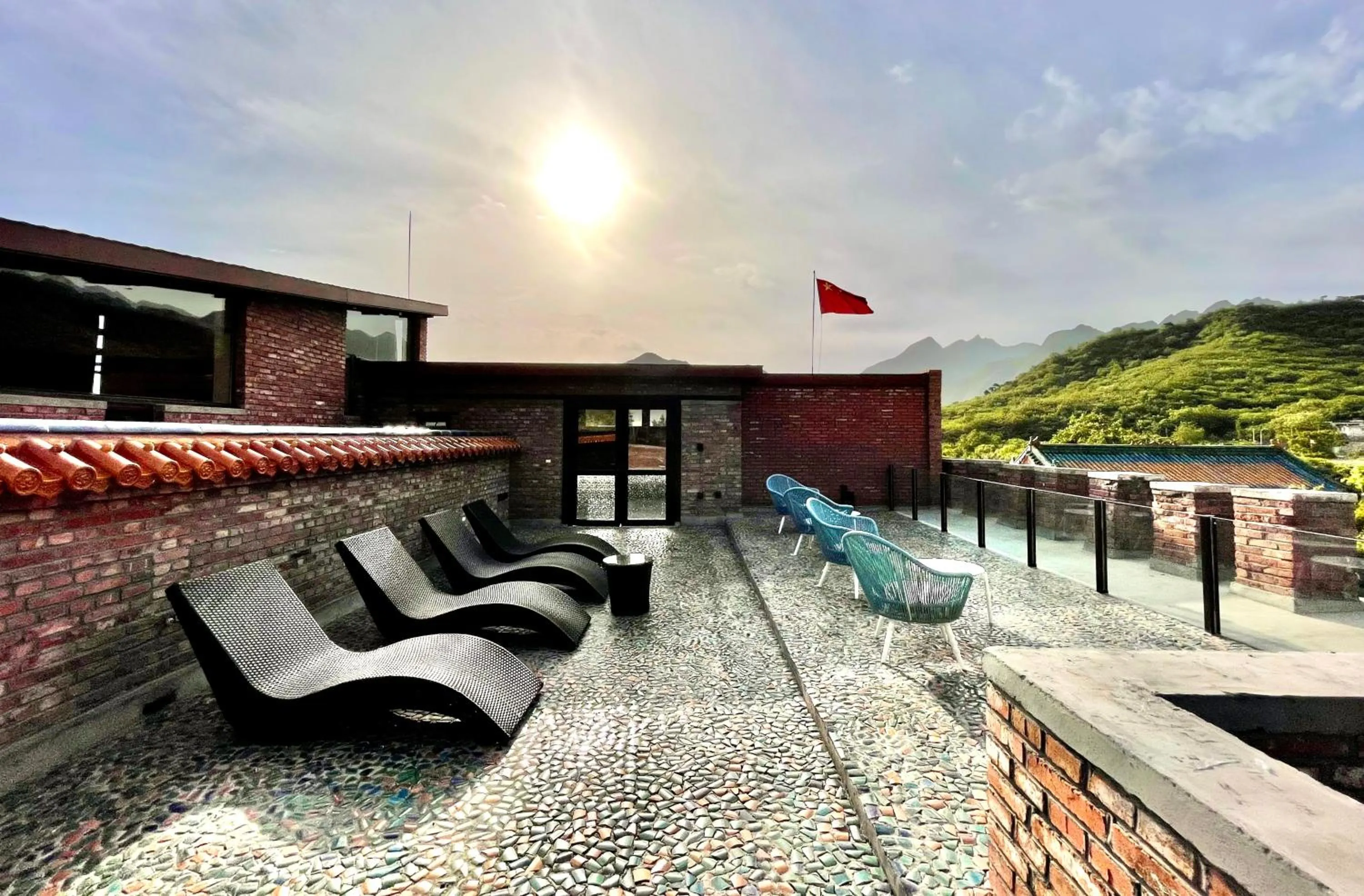 Balcony/Terrace in Brickyard Retreat at Mutianyu Great Wall Adjoin to Mutianyu Great Wall - Room with the View of Great Wall - Jacuzzi with the View of Great Wall - Vehicle Shuttle Service - International Catering - SPA& Nail Beauty Facilities