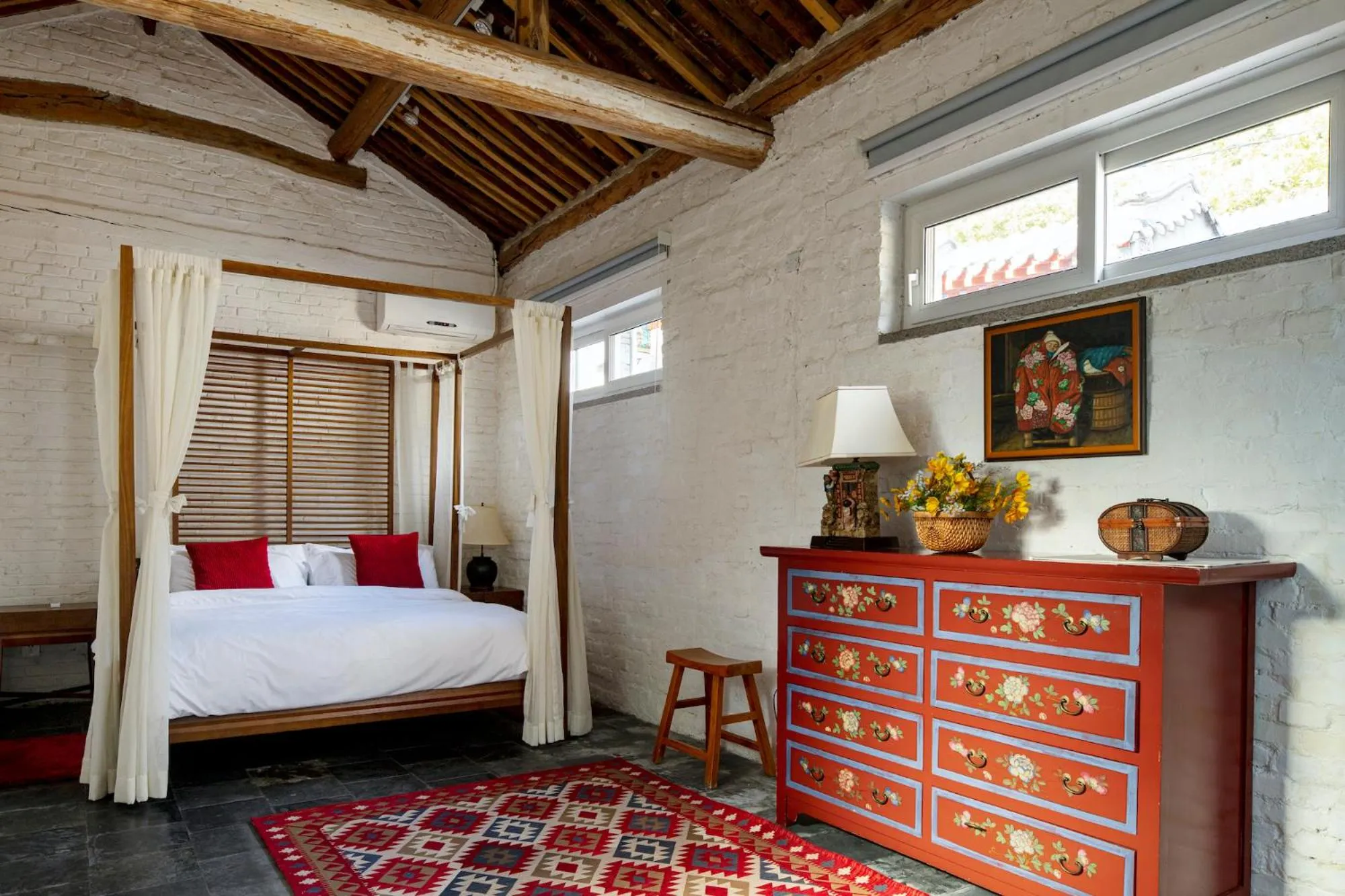 Bedroom, Bed in Brickyard Retreat at Mutianyu Great Wall Adjoin to Mutianyu Great Wall - Room with the View of Great Wall - Jacuzzi with the View of Great Wall - Vehicle Shuttle Service - International Catering - SPA& Nail Beauty Facilities