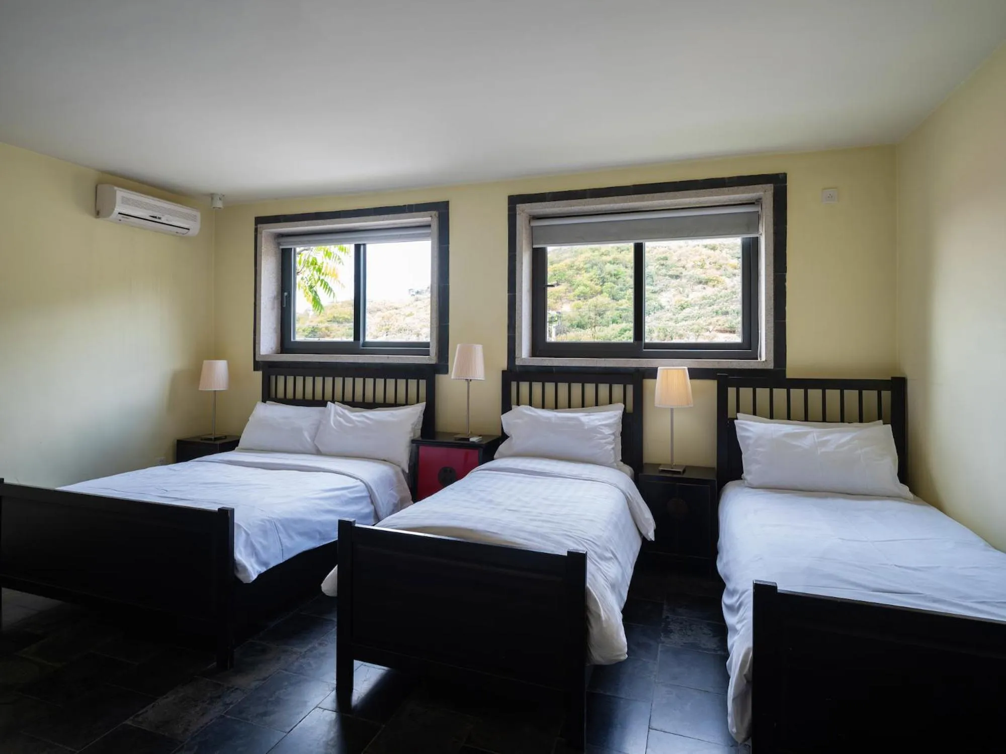 Bedroom, Bed in Brickyard Retreat at Mutianyu Great Wall Adjoin to Mutianyu Great Wall - Room with the View of Great Wall - Jacuzzi with the View of Great Wall - Vehicle Shuttle Service - International Catering - SPA& Nail Beauty Facilities