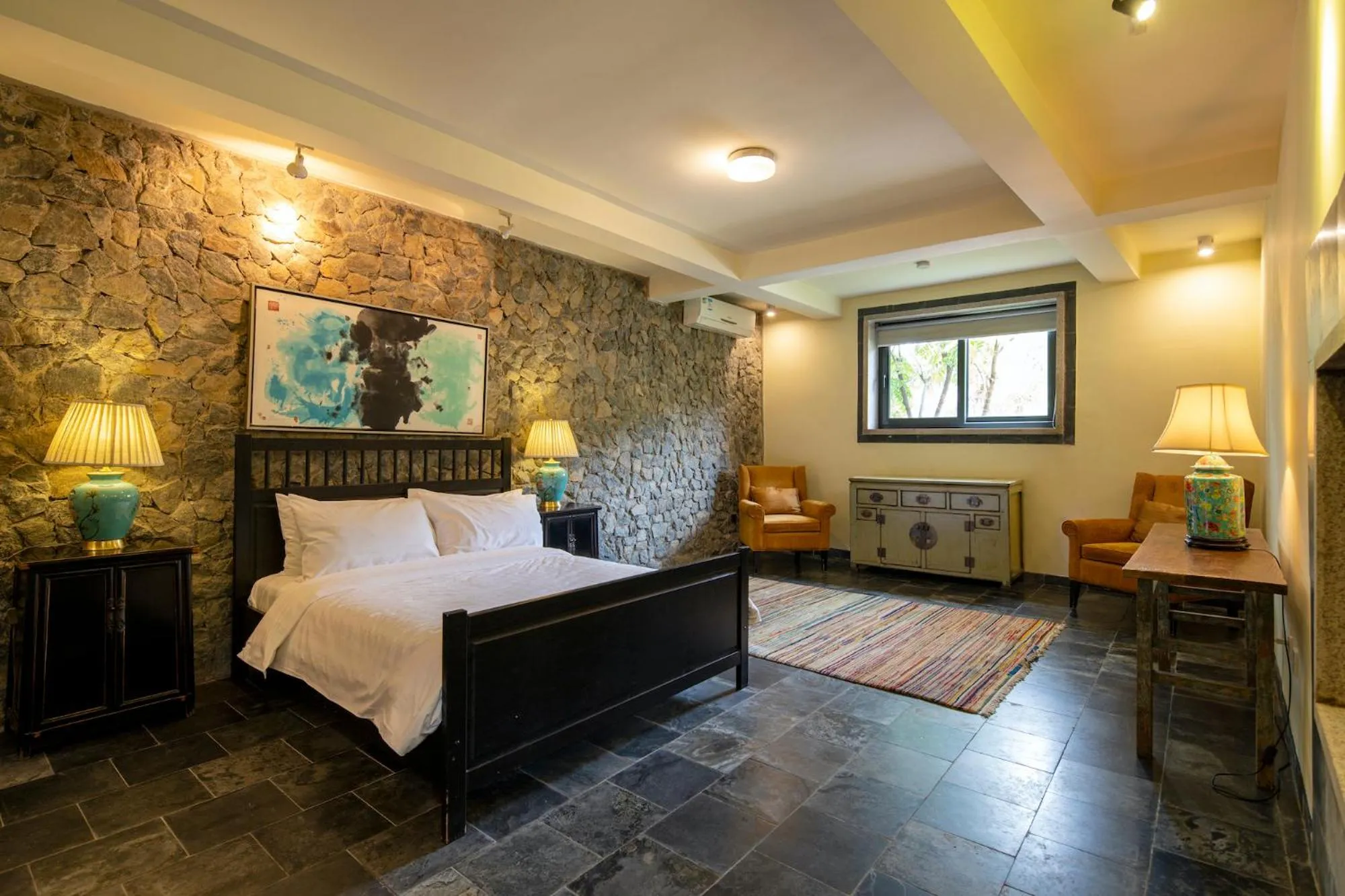 Bedroom, Bed in Brickyard Retreat at Mutianyu Great Wall Adjoin to Mutianyu Great Wall - Room with the View of Great Wall - Jacuzzi with the View of Great Wall - Vehicle Shuttle Service - International Catering - SPA& Nail Beauty Facilities