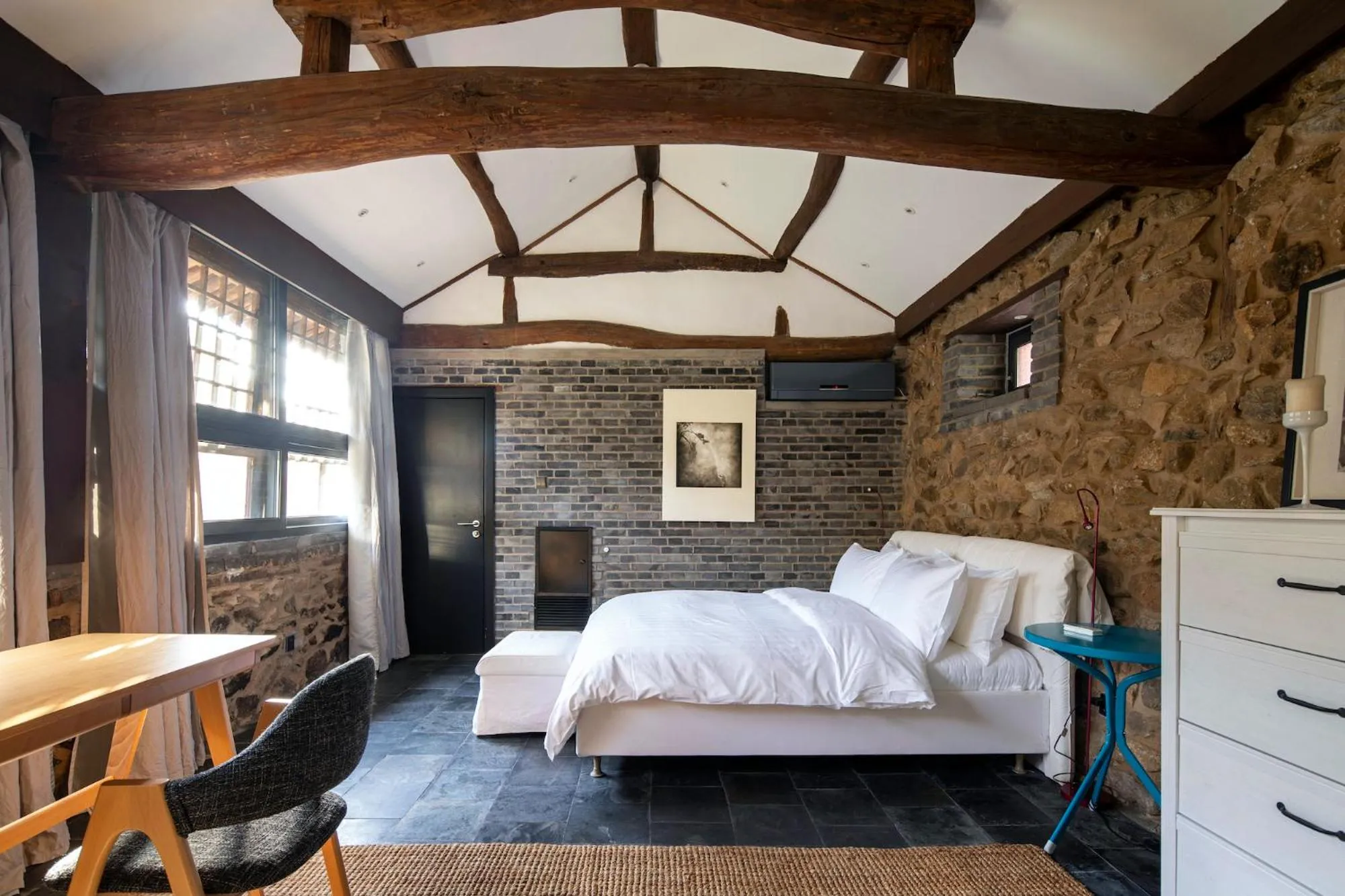 Bedroom, Bed in Brickyard Retreat at Mutianyu Great Wall Adjoin to Mutianyu Great Wall - Room with the View of Great Wall - Jacuzzi with the View of Great Wall - Vehicle Shuttle Service - International Catering - SPA& Nail Beauty Facilities