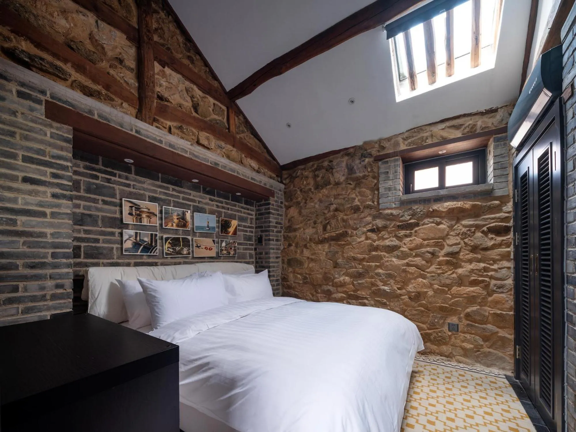 Bedroom, Bed in Brickyard Retreat at Mutianyu Great Wall Adjoin to Mutianyu Great Wall - Room with the View of Great Wall - Jacuzzi with the View of Great Wall - Vehicle Shuttle Service - International Catering - SPA& Nail Beauty Facilities