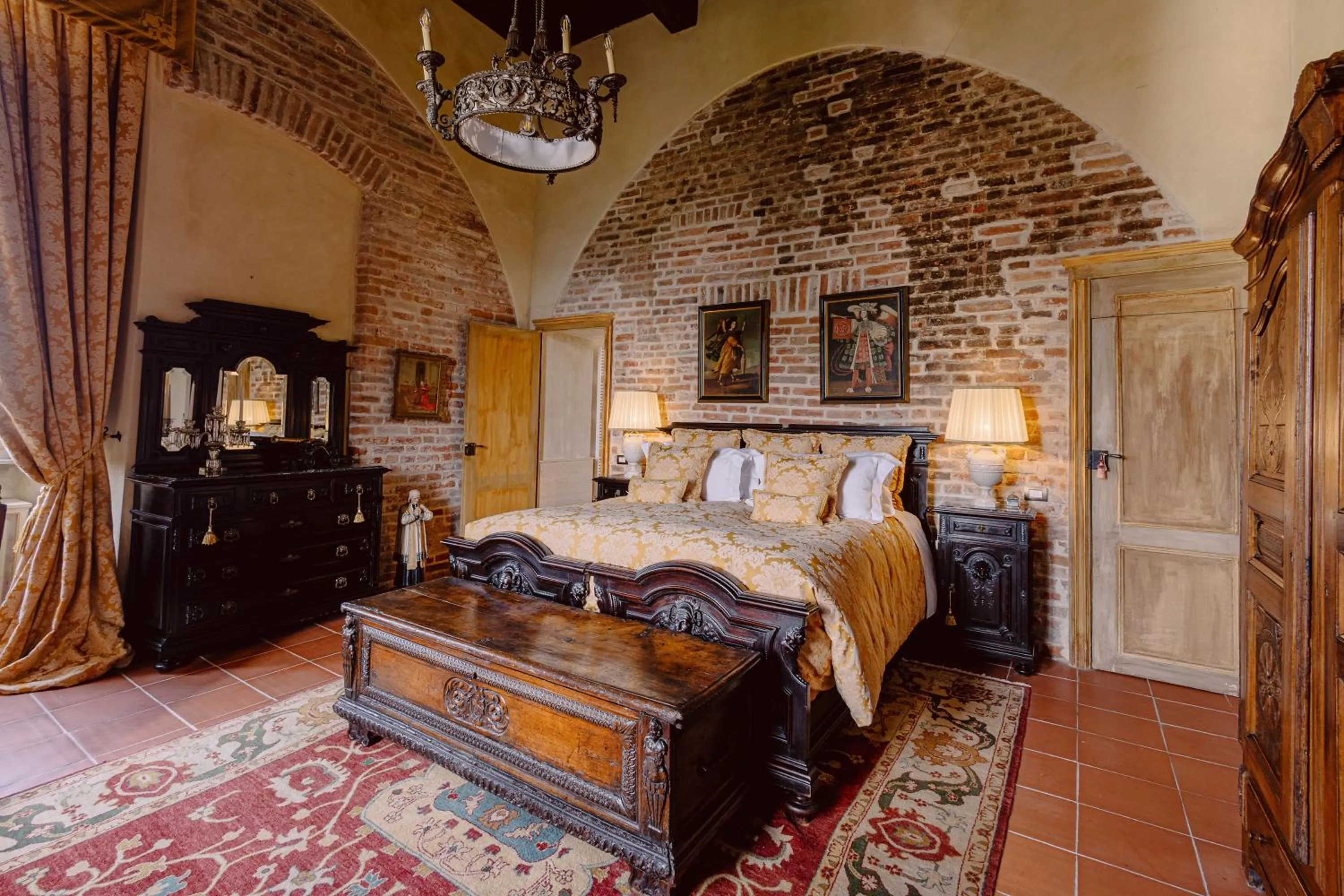 Living room, Bed in Castello di Casalborgone, Luxury Italian Castle Hotel