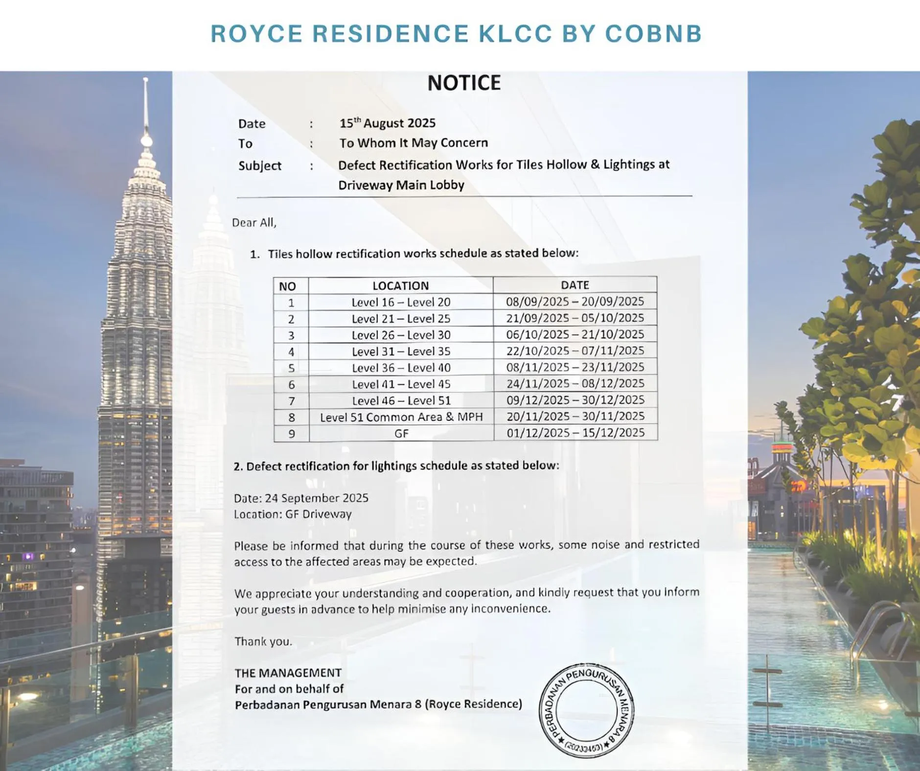 Property building in Royce Residence KLCC by Cobnb