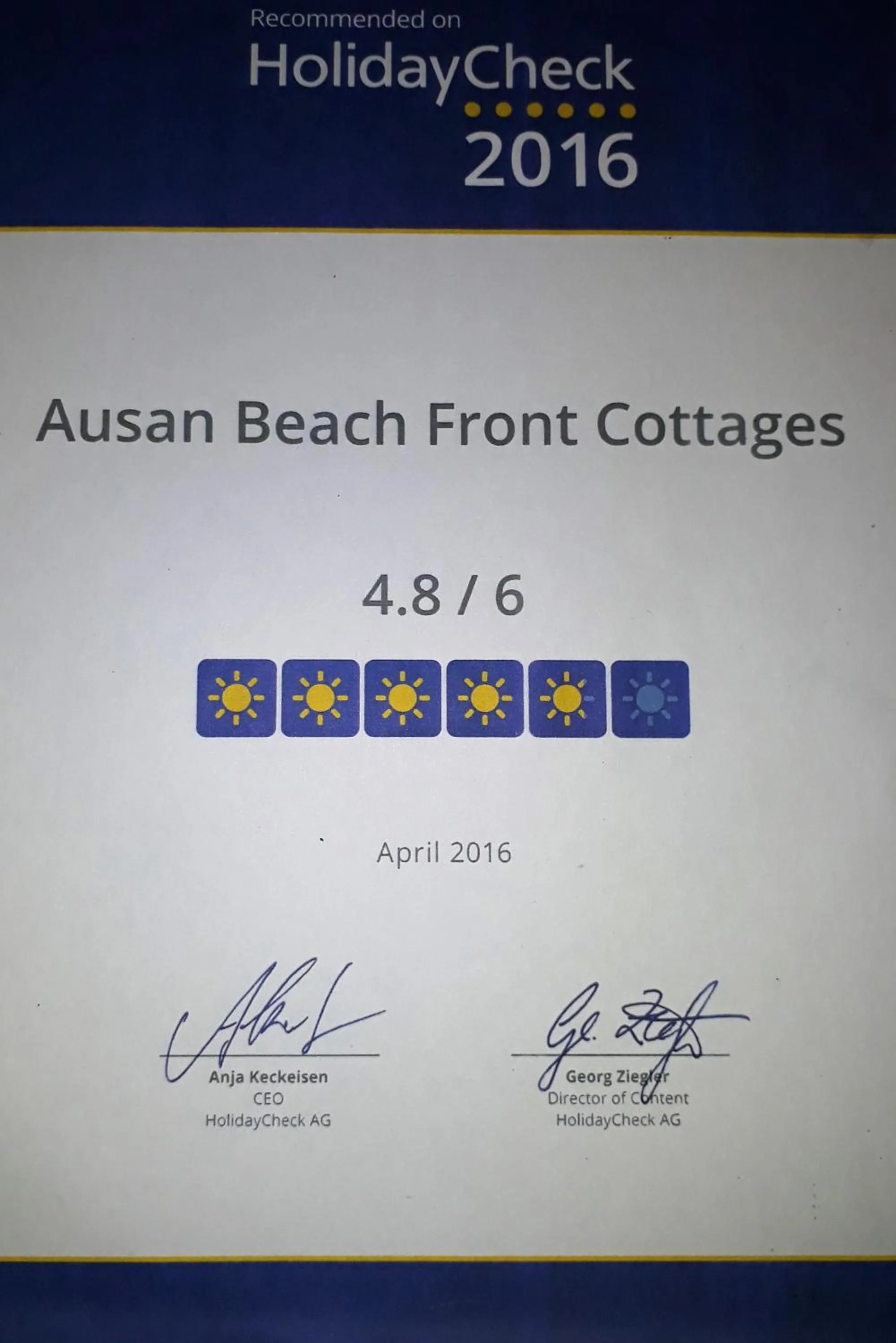 Certificate/Award in Ausan Beach Front Cottages