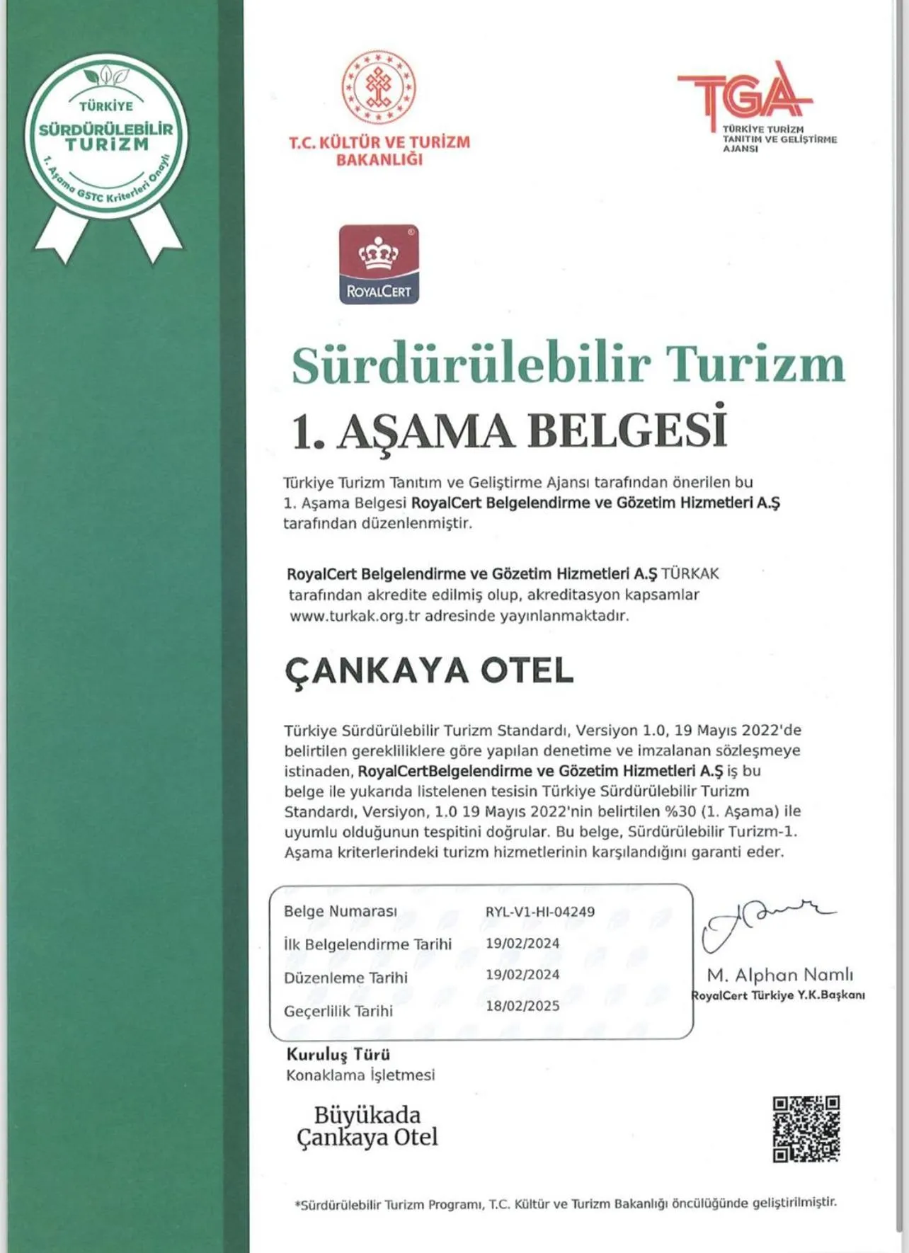 Certificate/Award in Buyukada Cankaya Hotel