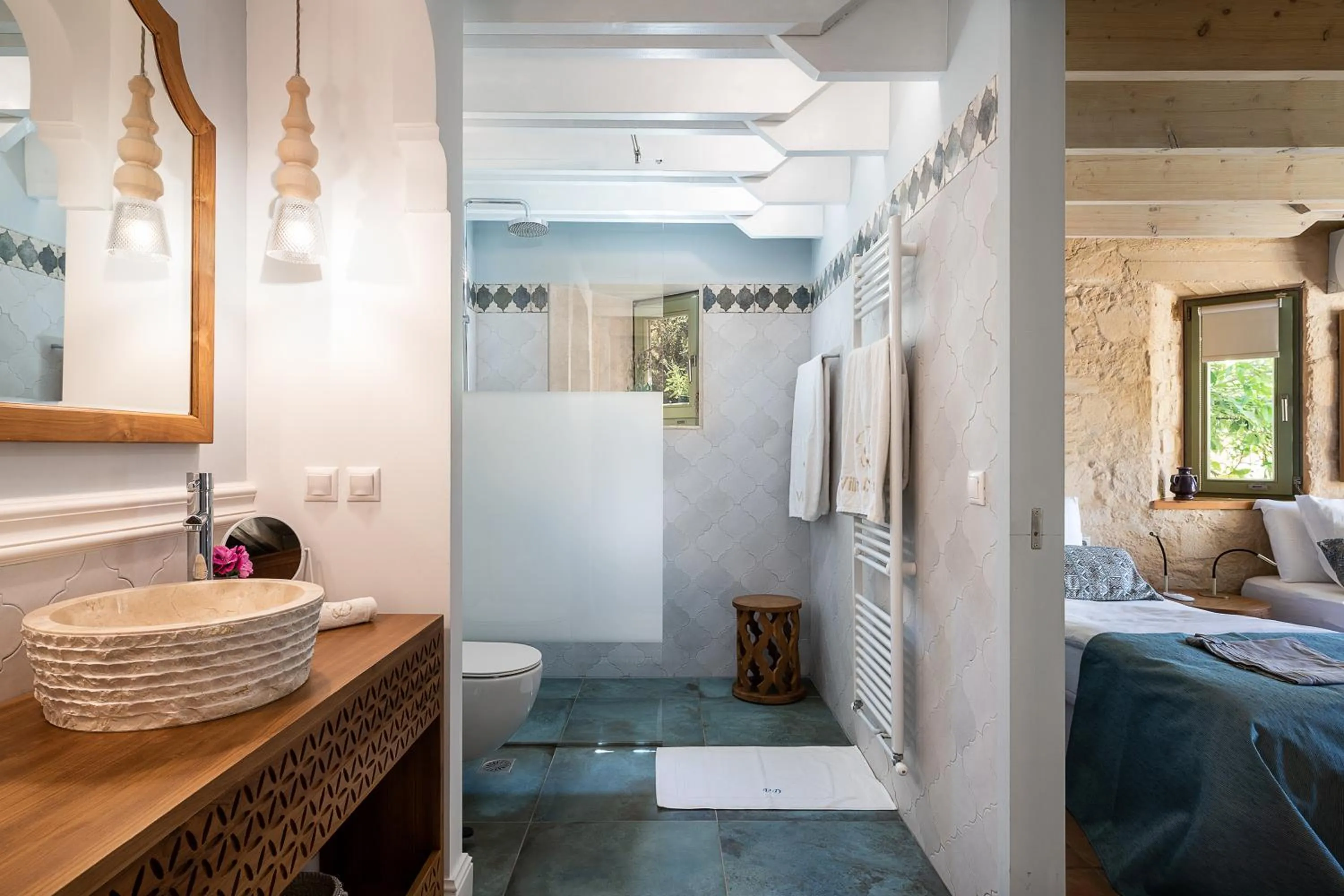 Bathroom, Bed in Villa Dimi