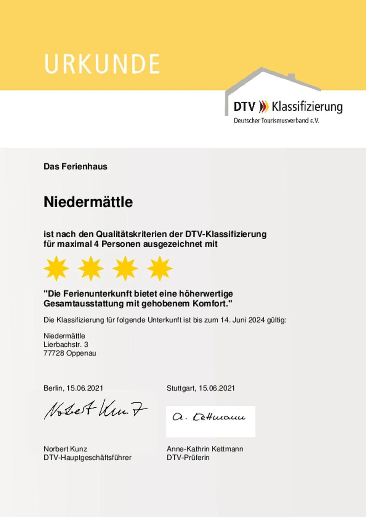 Certificate/Award in Haus Niedermättle