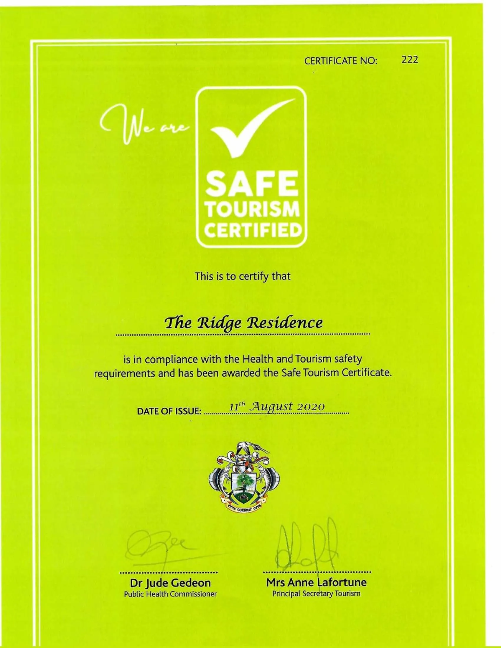 Certificate/Award in The Ridge Residence