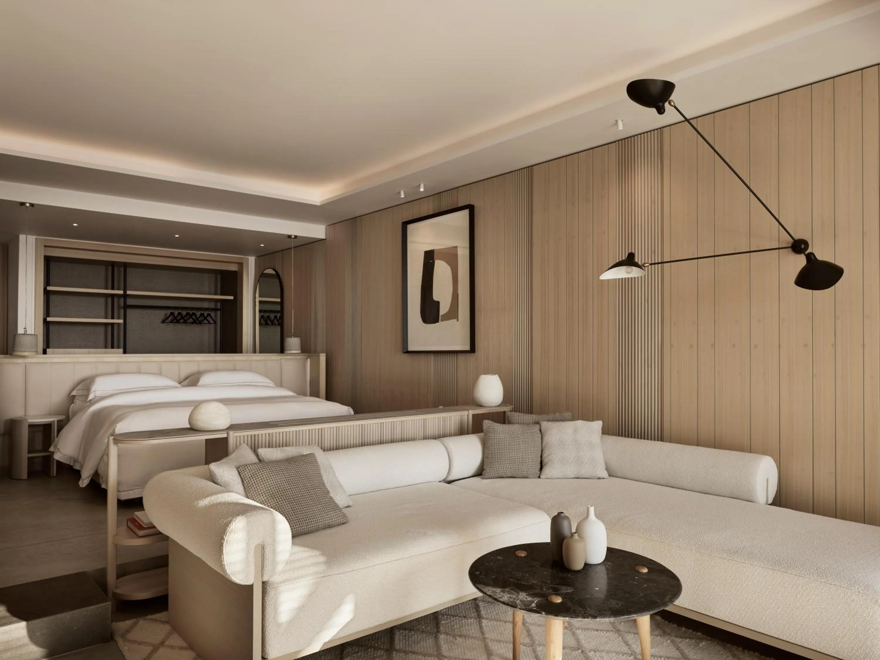 Living room, Bed in Deos Mykonos - A Myconian Collection Hotel