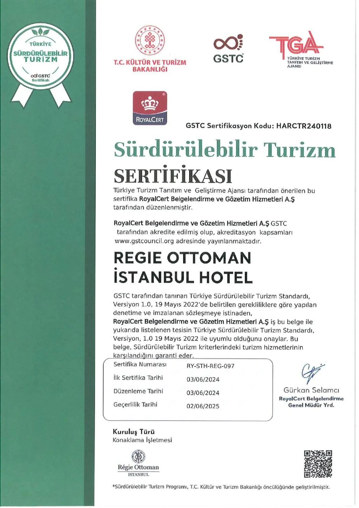 Certificate/Award in Régie Ottoman Istanbul - Special Category
