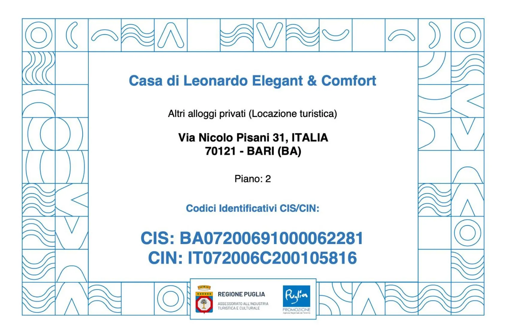 Certificate/Award in Casa di Leonardo Elegant & Comfort