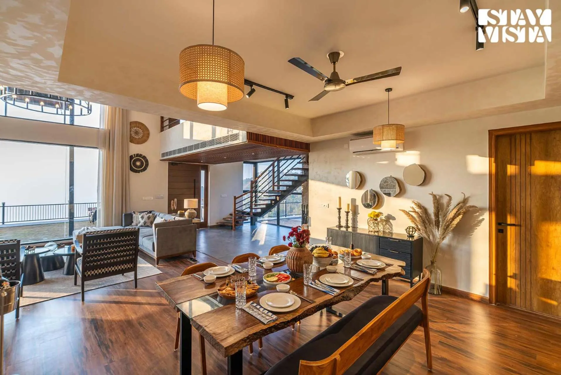 Dining area in StayVista at Savara with Heated Infinity Pool and Jacuzzi