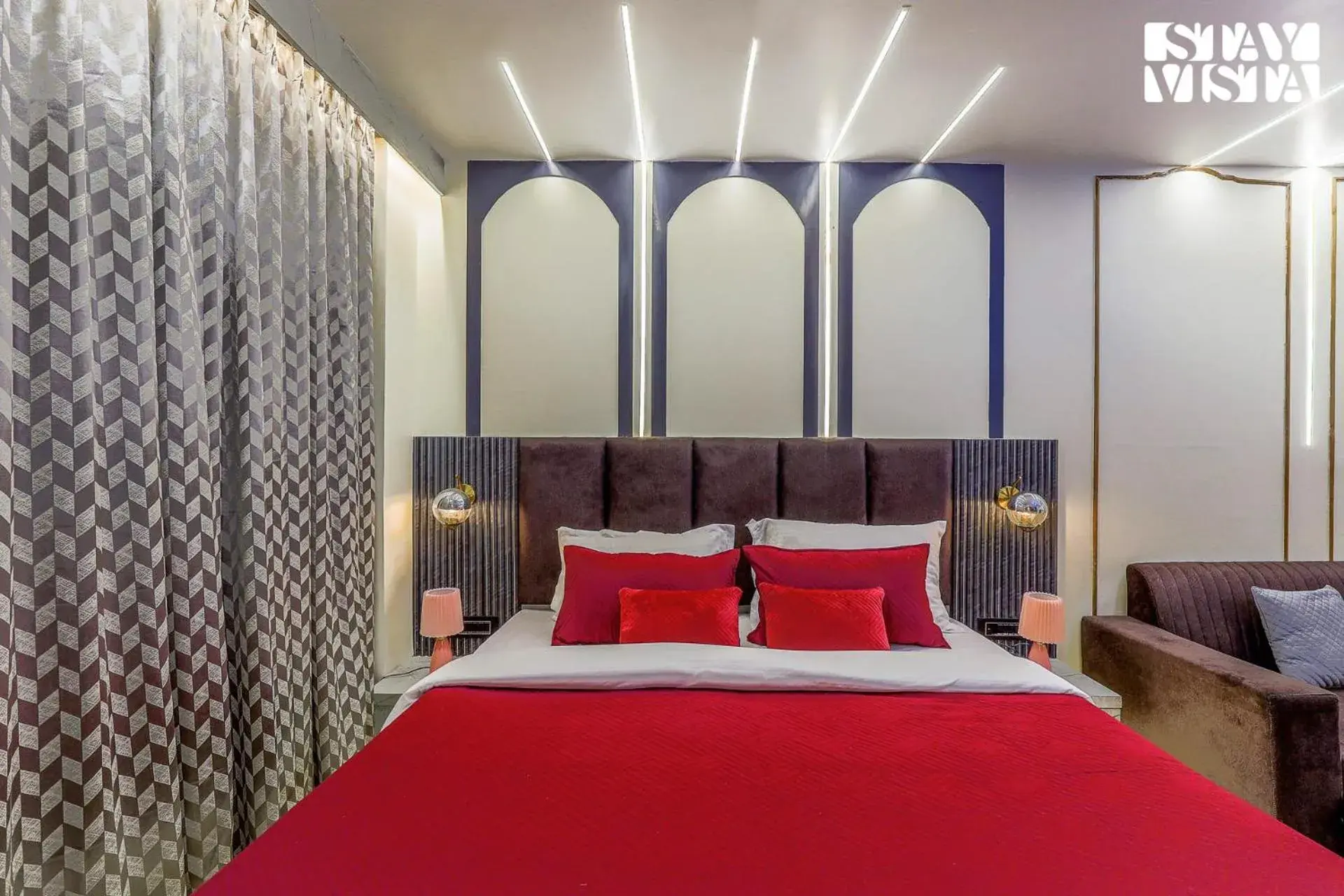 Bedroom, Bed in StayVista at Cityscape with Rooftop Pool - Jaipur Bedroom, Bed in StayVista at Cityscape with Rooftop Pool - Jaipur