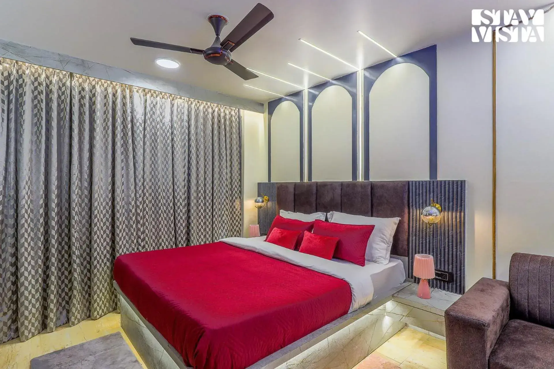 Bedroom, Bed in StayVista at Cityscape with Rooftop Pool - Jaipur Bedroom, Bed in StayVista at Cityscape with Rooftop Pool - Jaipur