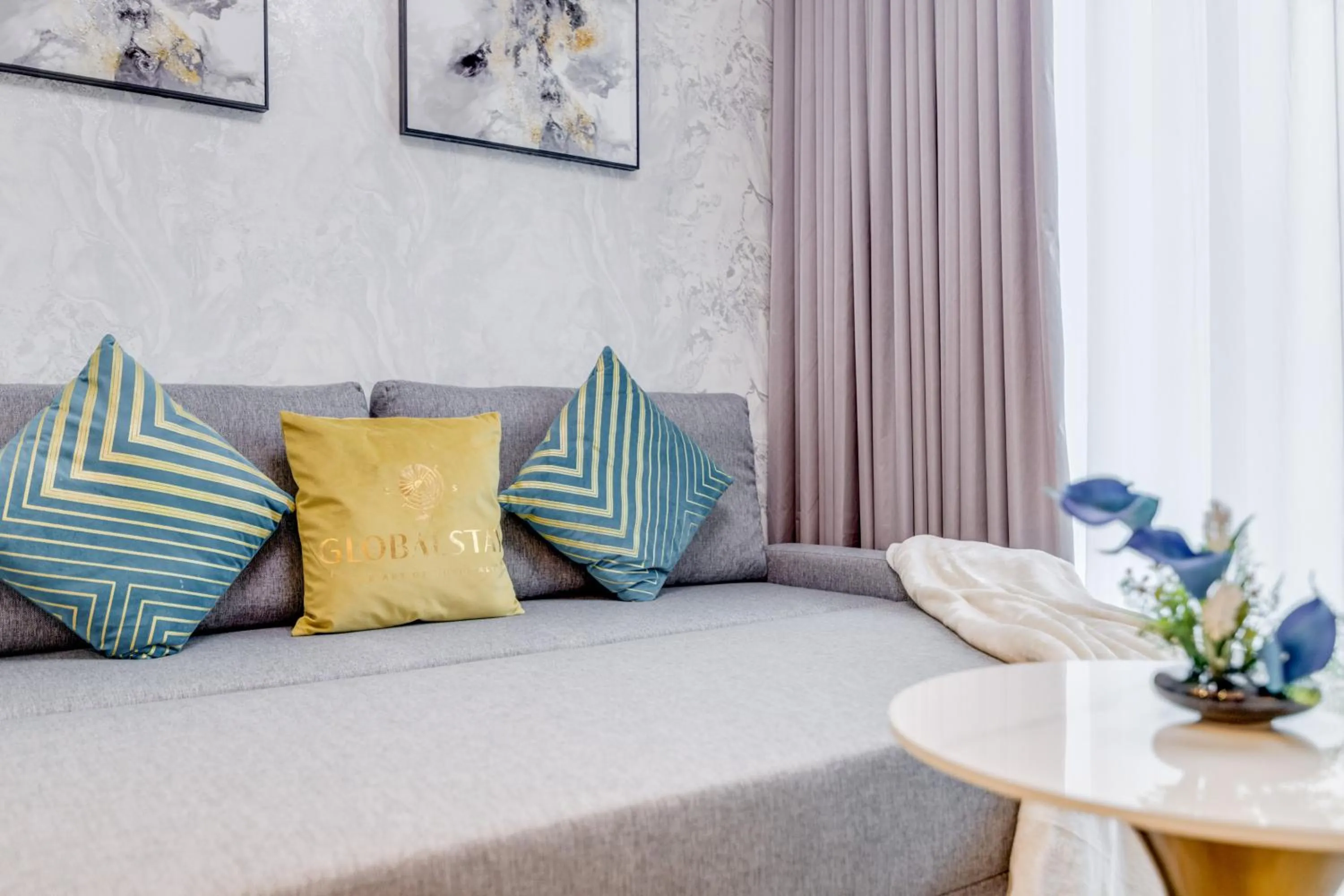 Living room, Bed in GLOBALSTAY. Luxury Apartments Near The Dubai Canal