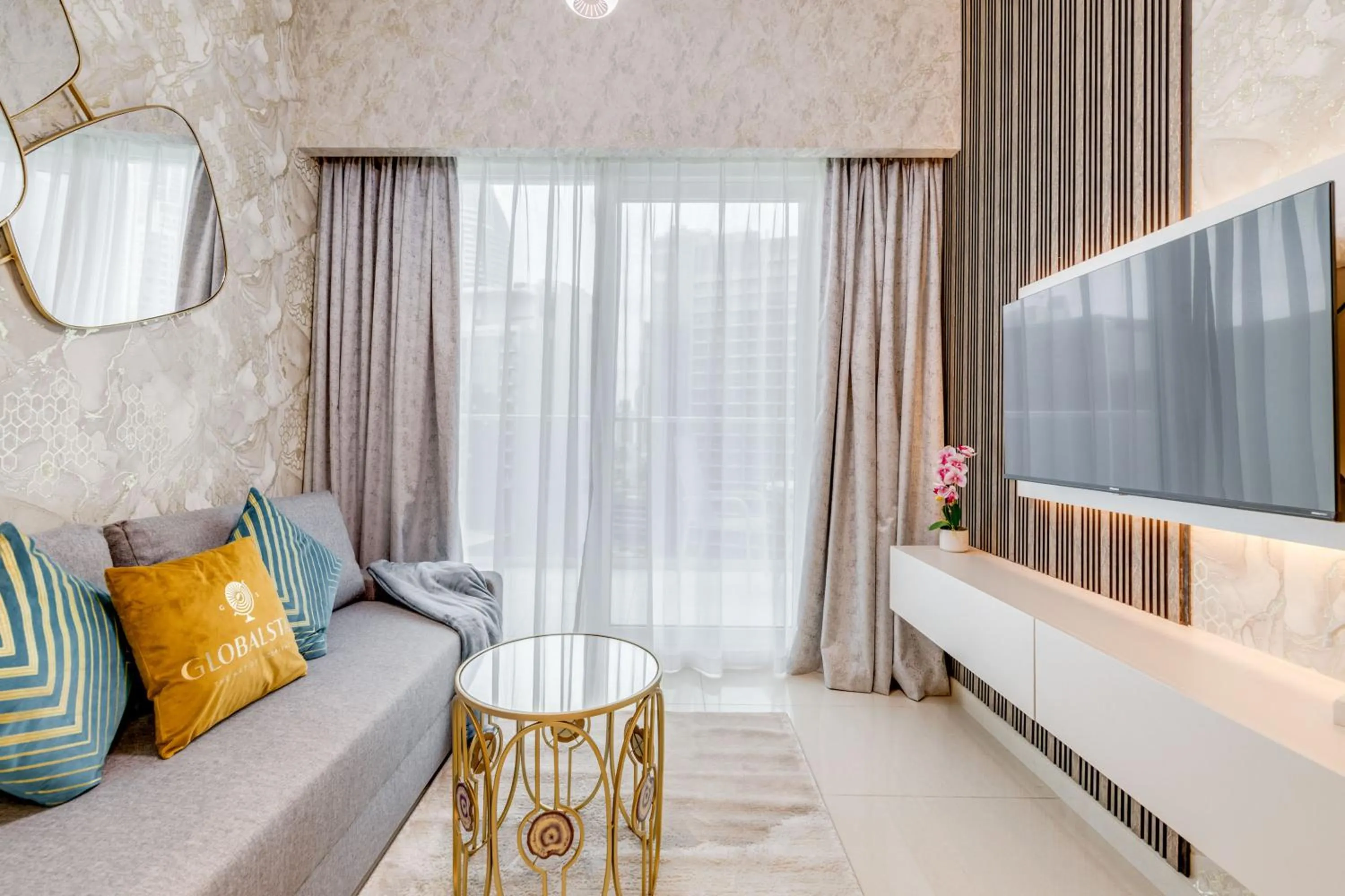 TV and multimedia, Bed in GLOBALSTAY. Luxury Apartments Near The Dubai Canal