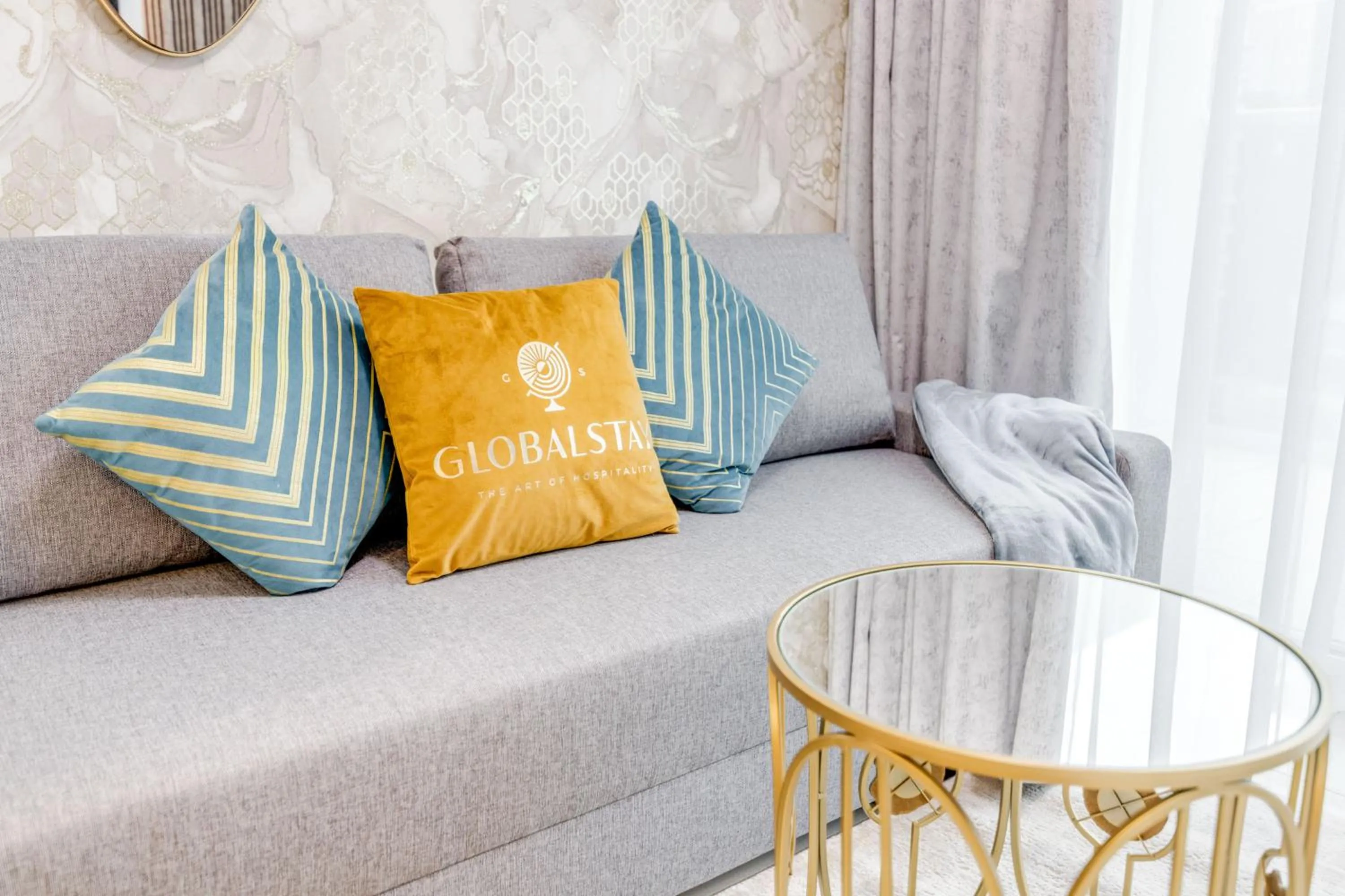 Seating area, Bed in GLOBALSTAY. Luxury Apartments Near The Dubai Canal