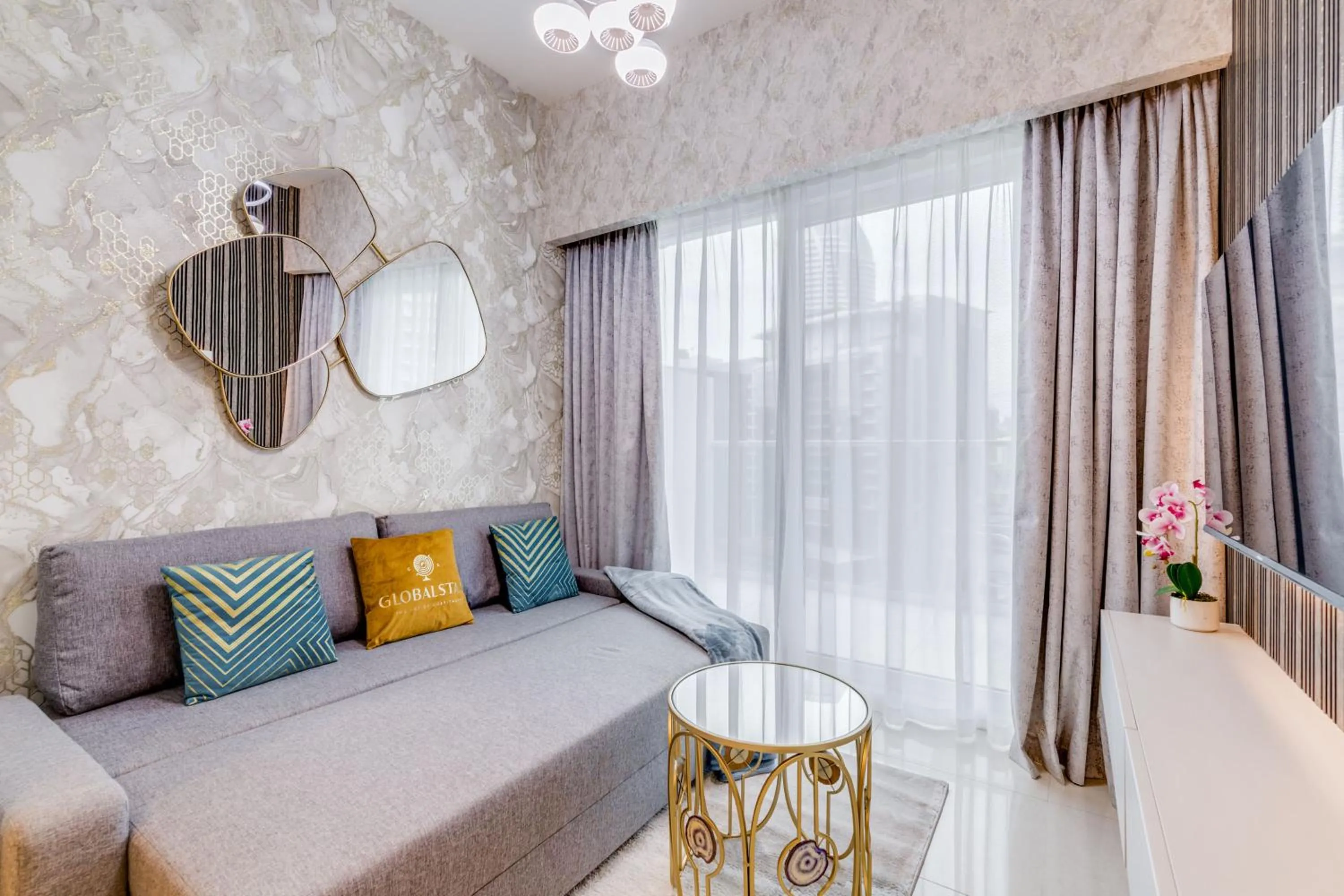 Living room, Bed in GLOBALSTAY. Luxury Apartments Near The Dubai Canal