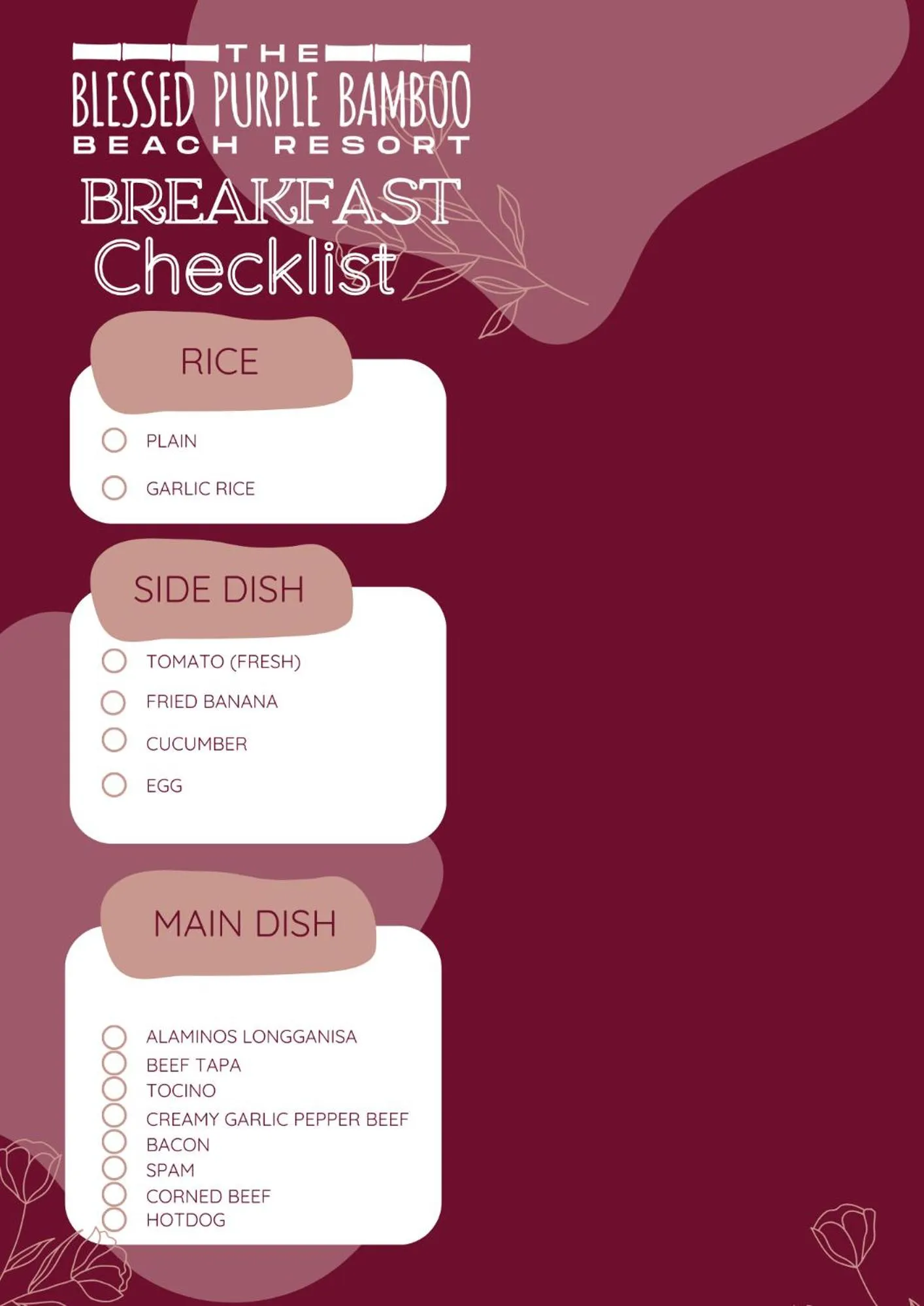 Breakfast in The Blessed Purple Bamboo Beach Resort