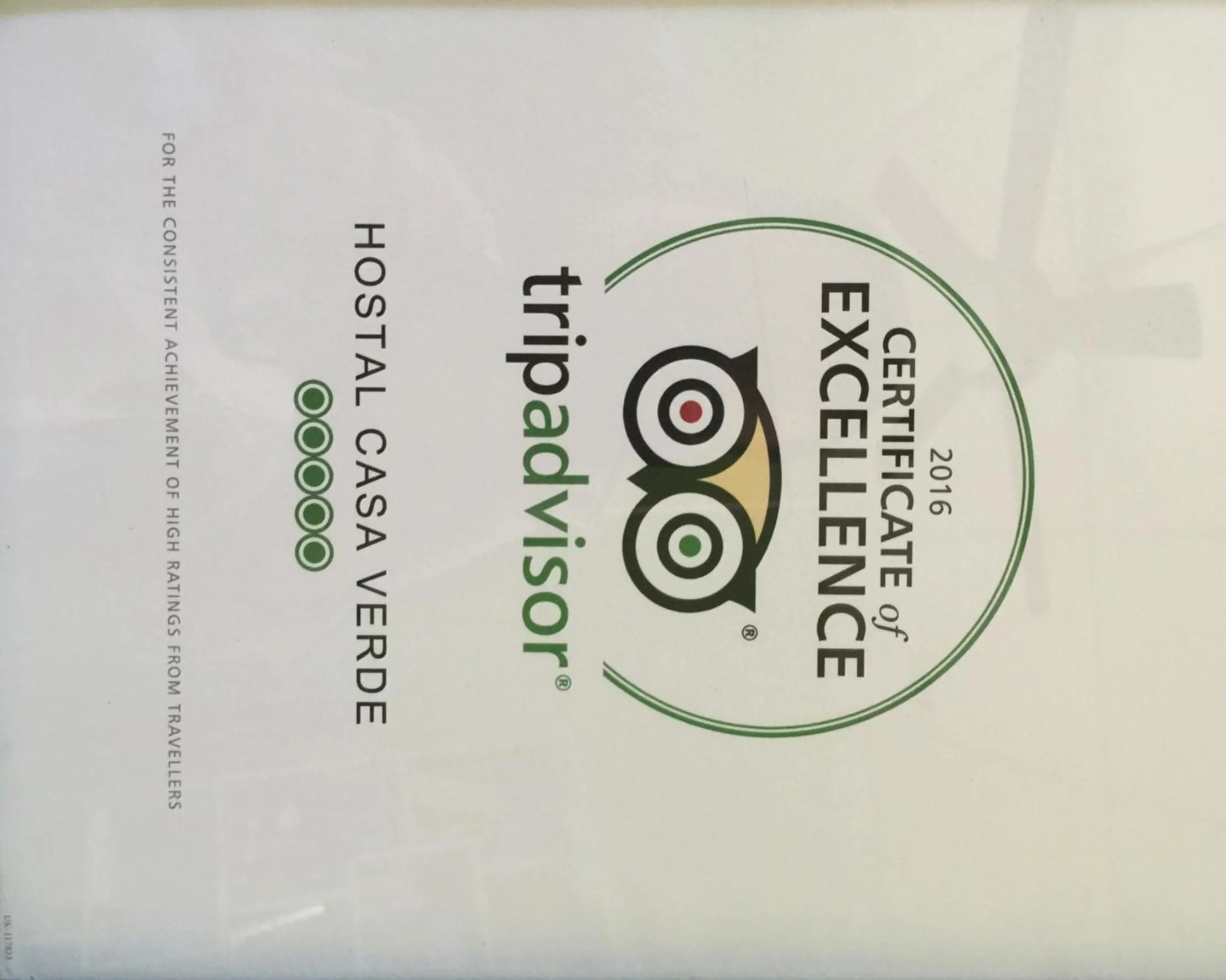 Certificate/Award in Hostal Casa Verde