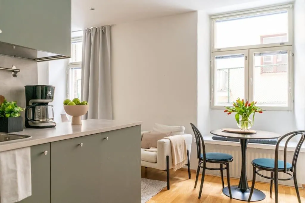 Kitchen or kitchenette in Cozy Studio with private Sauna