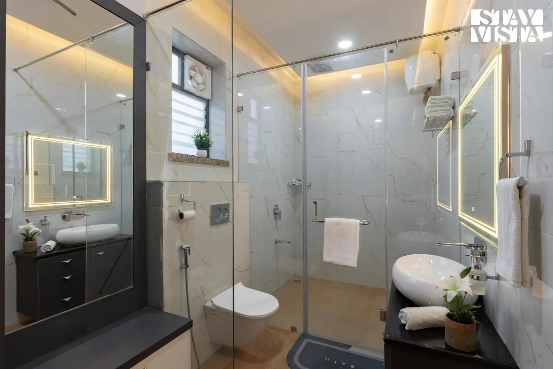 Bathroom in StayVista's Bella Dream - Mountain-View with Outdoor Pool, Lawn featuring a Gazebo & Indoor Games