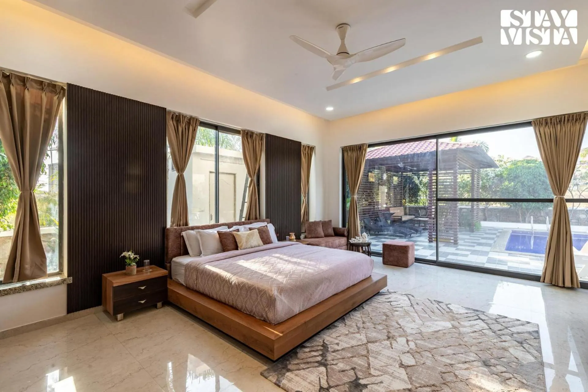 Bedroom, Bed in StayVista's Bella Dream - Mountain-View with Outdoor Pool, Lawn featuring a Gazebo & Indoor Games