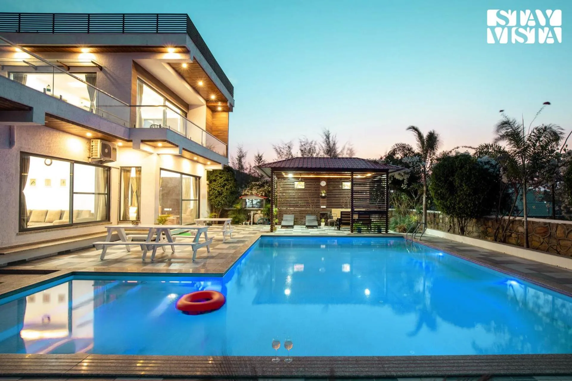 Swimming pool in StayVista's Bella Dream - Mountain-View with Outdoor Pool, Lawn featuring a Gazebo & Indoor Games