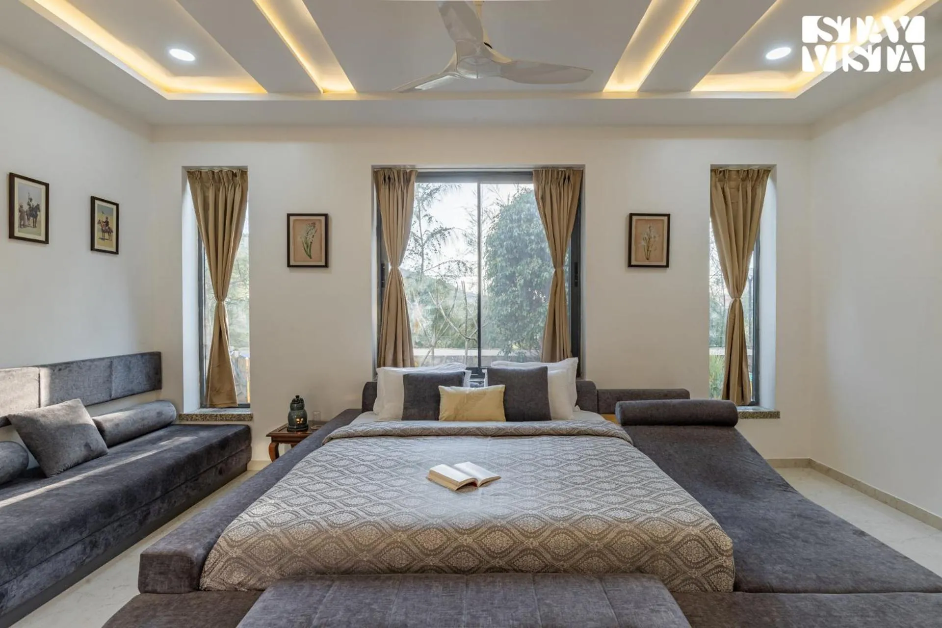 Bedroom, Bed in StayVista's Bella Dream - Mountain-View with Outdoor Pool, Lawn featuring a Gazebo & Indoor Games