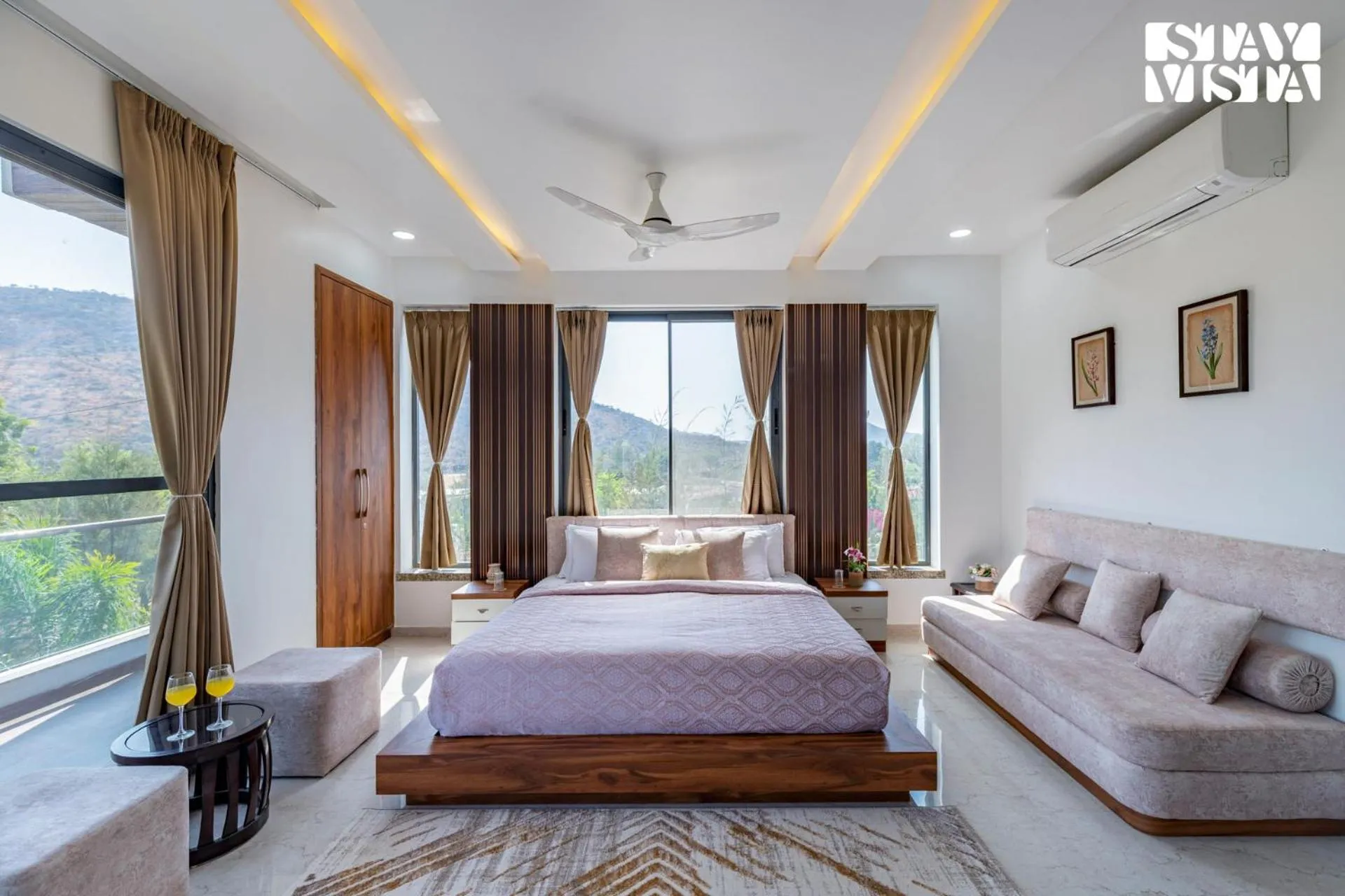 Bedroom, Bed in StayVista's Bella Dream - Mountain-View with Outdoor Pool, Lawn featuring a Gazebo & Indoor Games