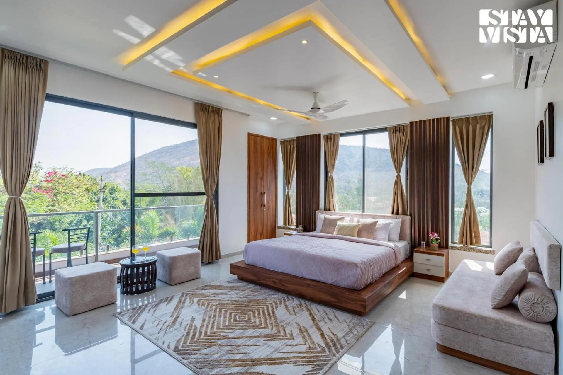 Bedroom, Bed in StayVista's Bella Dream - Mountain-View with Outdoor Pool, Lawn featuring a Gazebo & Indoor Games