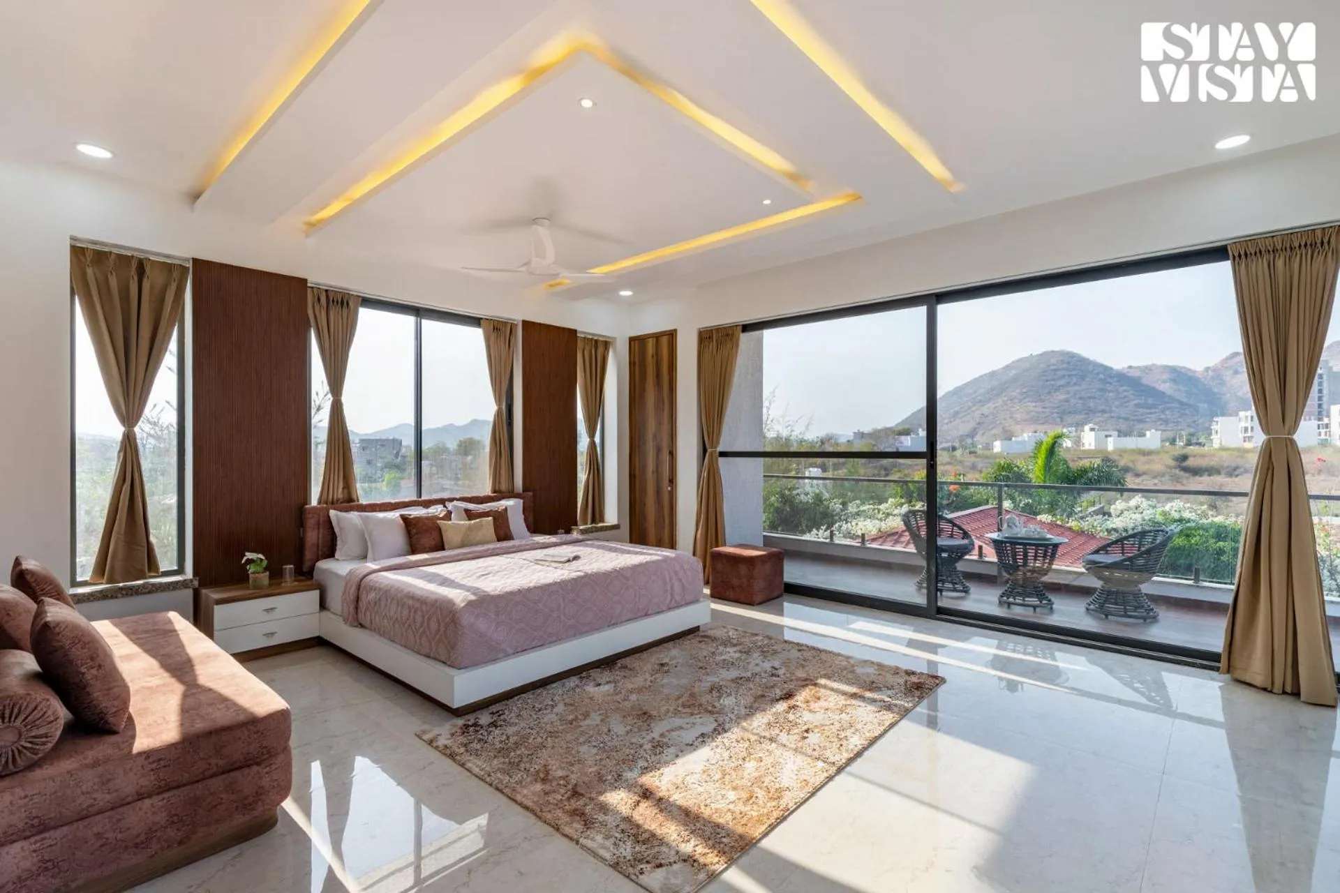 Bedroom, Bed in StayVista's Bella Dream - Mountain-View with Outdoor Pool, Lawn featuring a Gazebo & Indoor Games