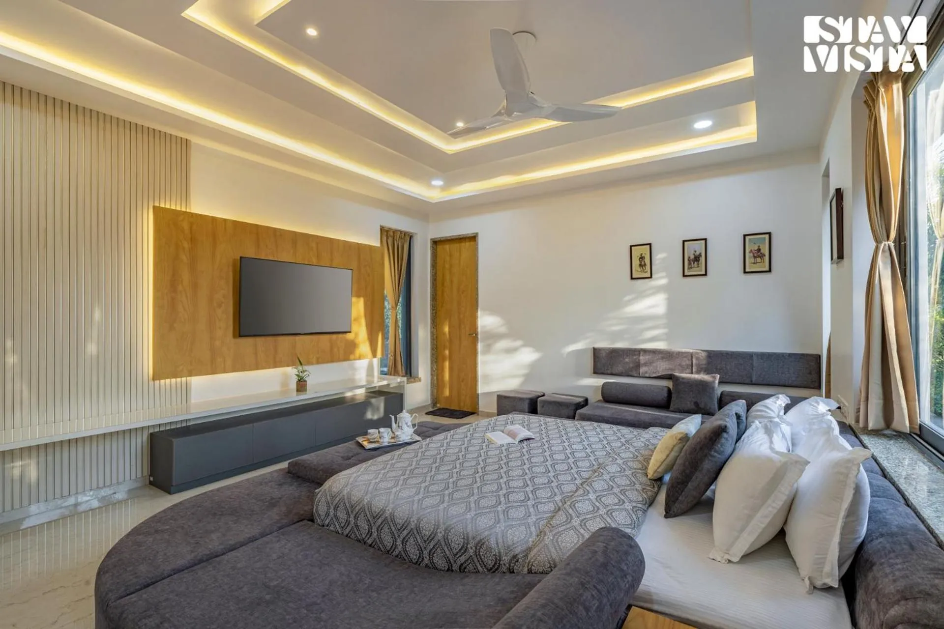 Bedroom, Bed in StayVista's Bella Dream - Mountain-View with Outdoor Pool, Lawn featuring a Gazebo & Indoor Games