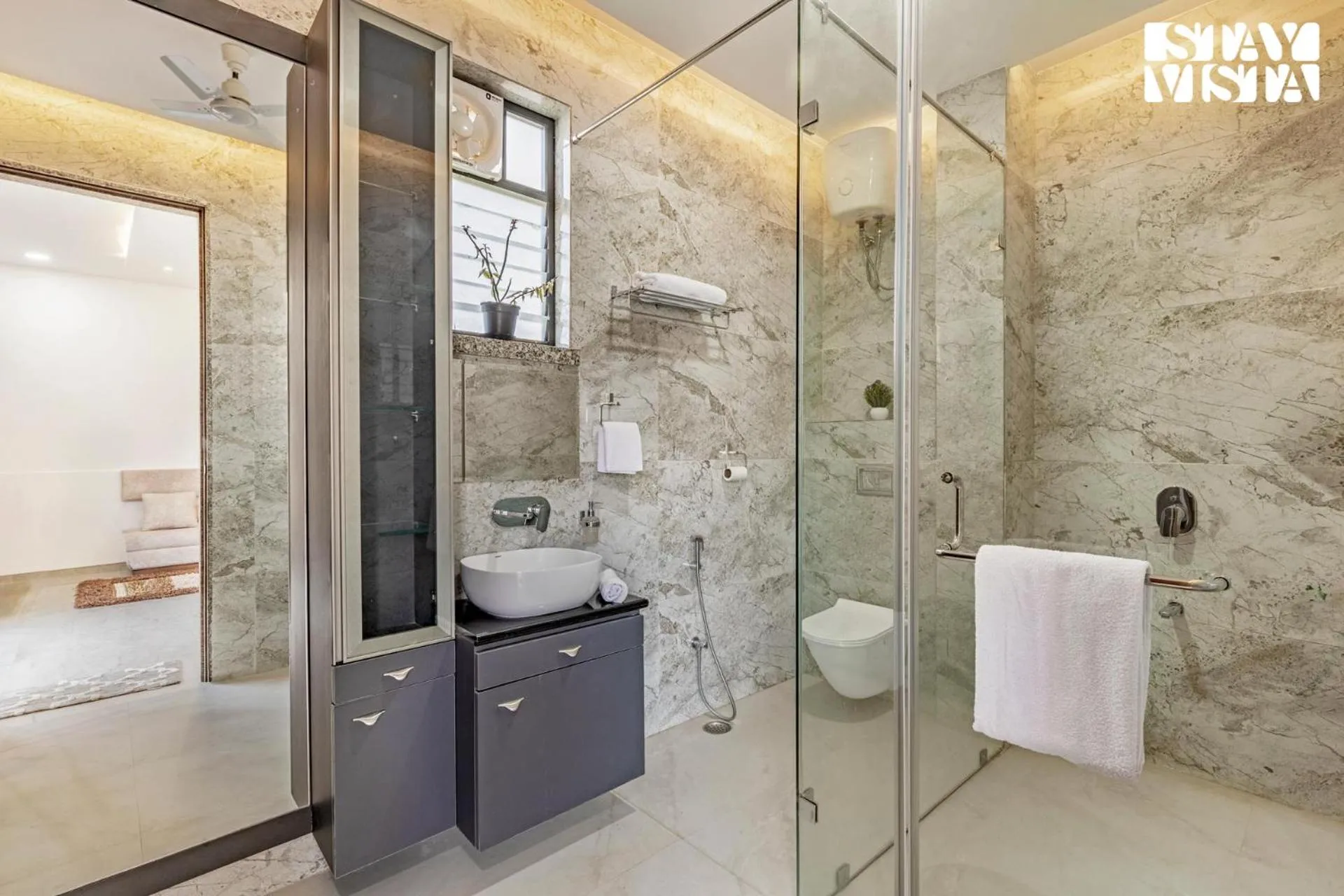 Bathroom in StayVista's Bella Dream - Mountain-View with Outdoor Pool, Lawn featuring a Gazebo & Indoor Games