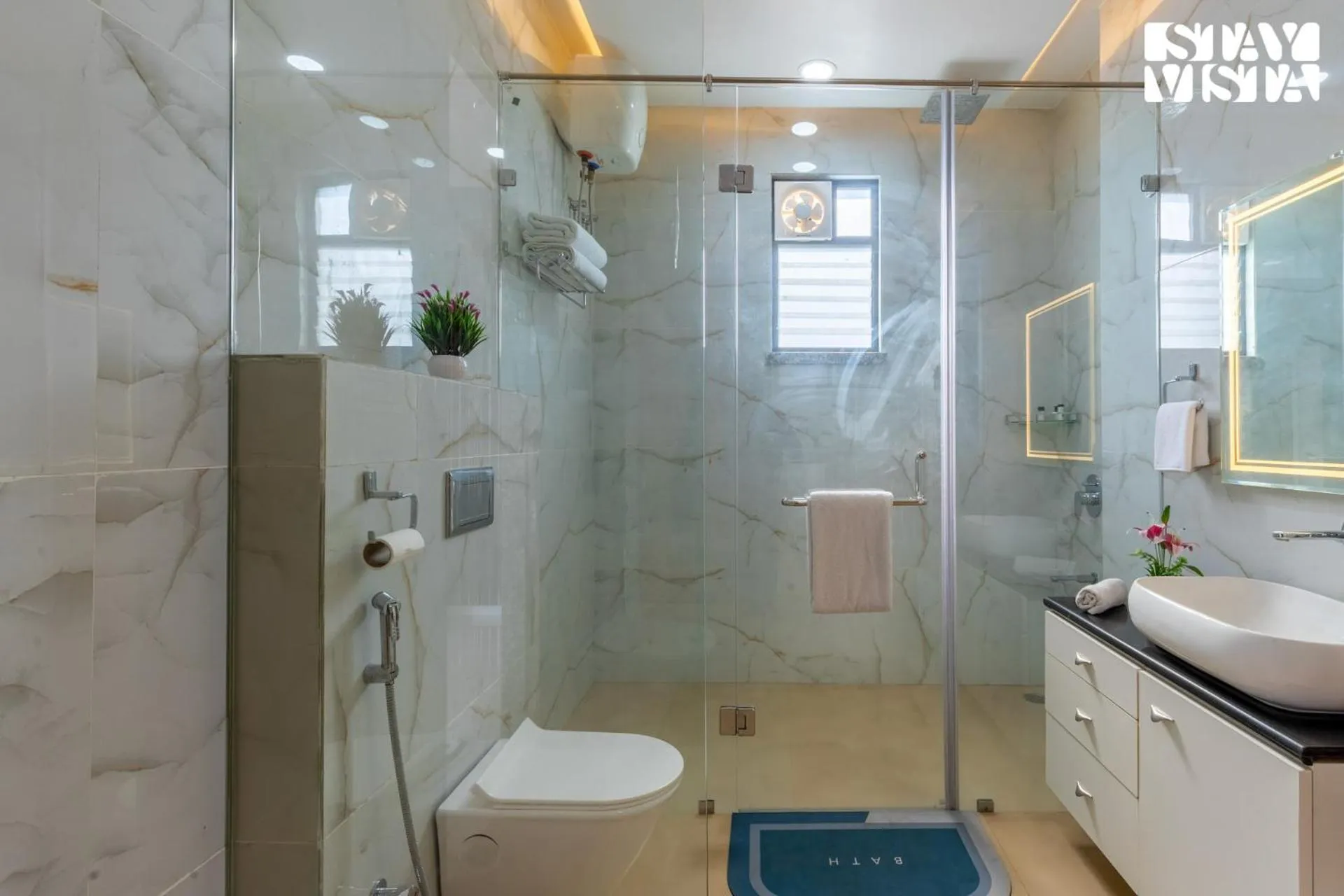 Bathroom in StayVista's Bella Dream - Mountain-View with Outdoor Pool, Lawn featuring a Gazebo & Indoor Games