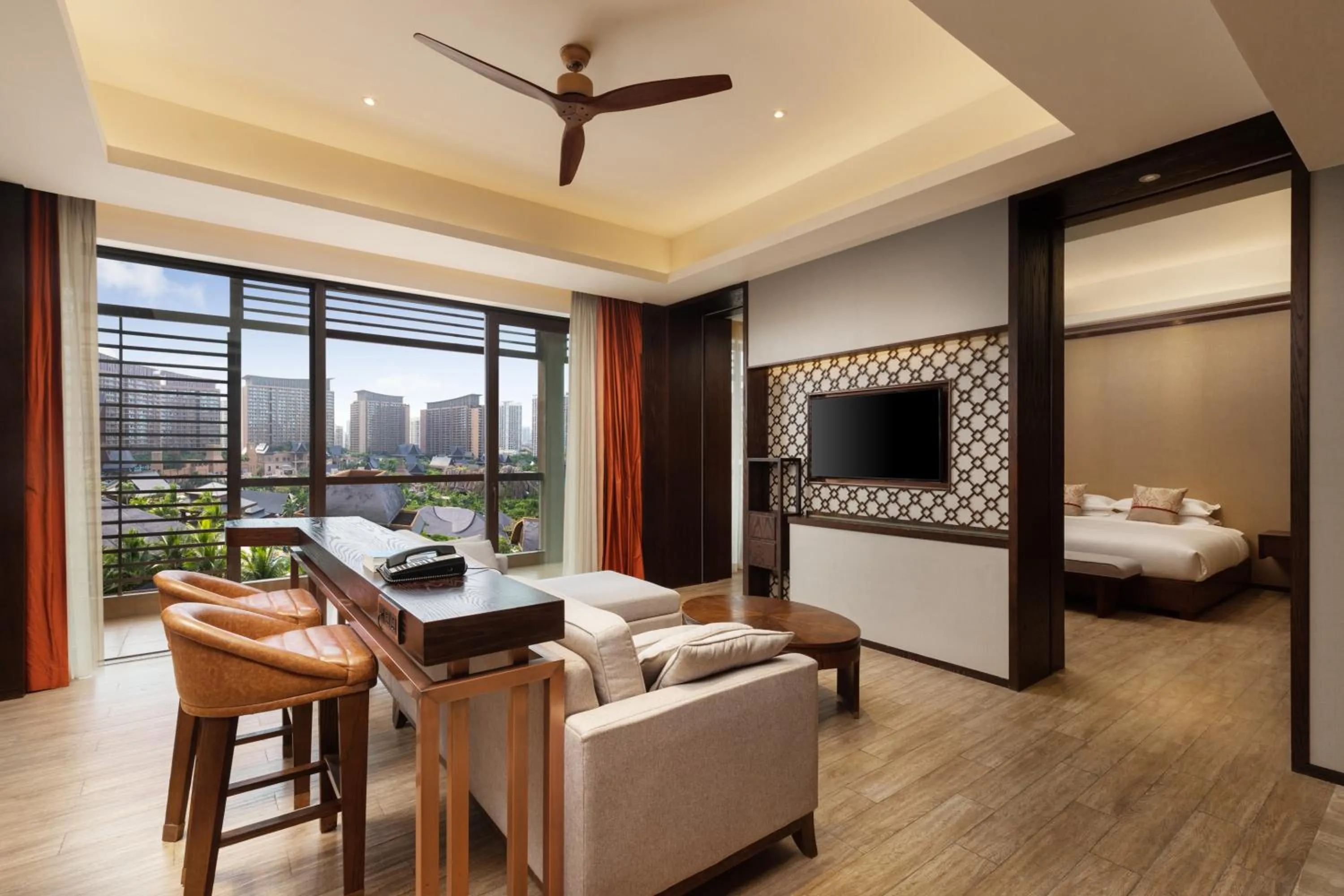 Living room, Bed in Mangrove Tree Resort World Sanya Bay- Queen Palm Towers