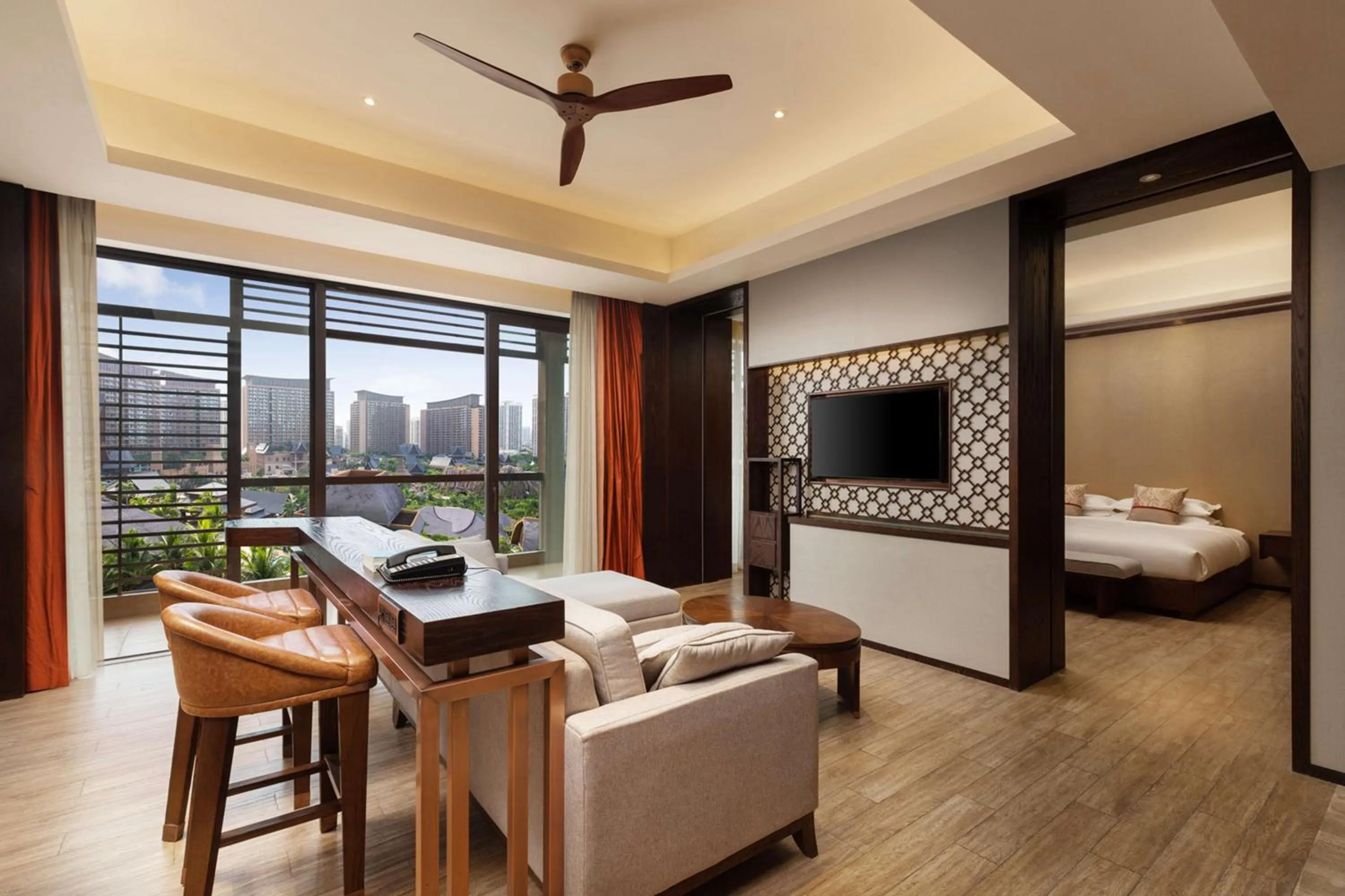 Living room, Bed in Mangrove Tree Resort World Sanya Bay- Queen Palm Towers