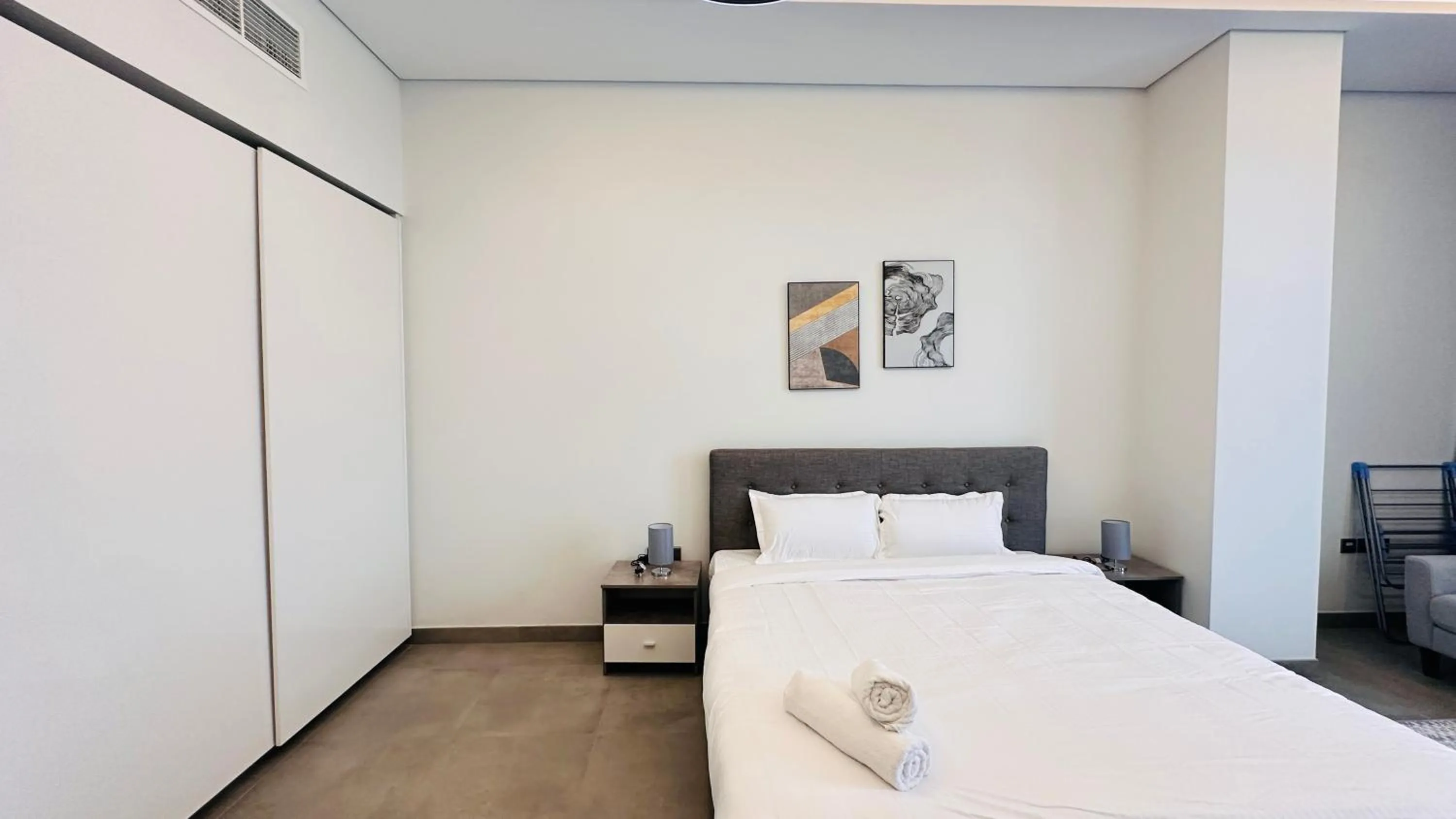 Bedroom, Bed in Spacious Studio Apartment Burj View with Balcony Free Parking by Belvilla