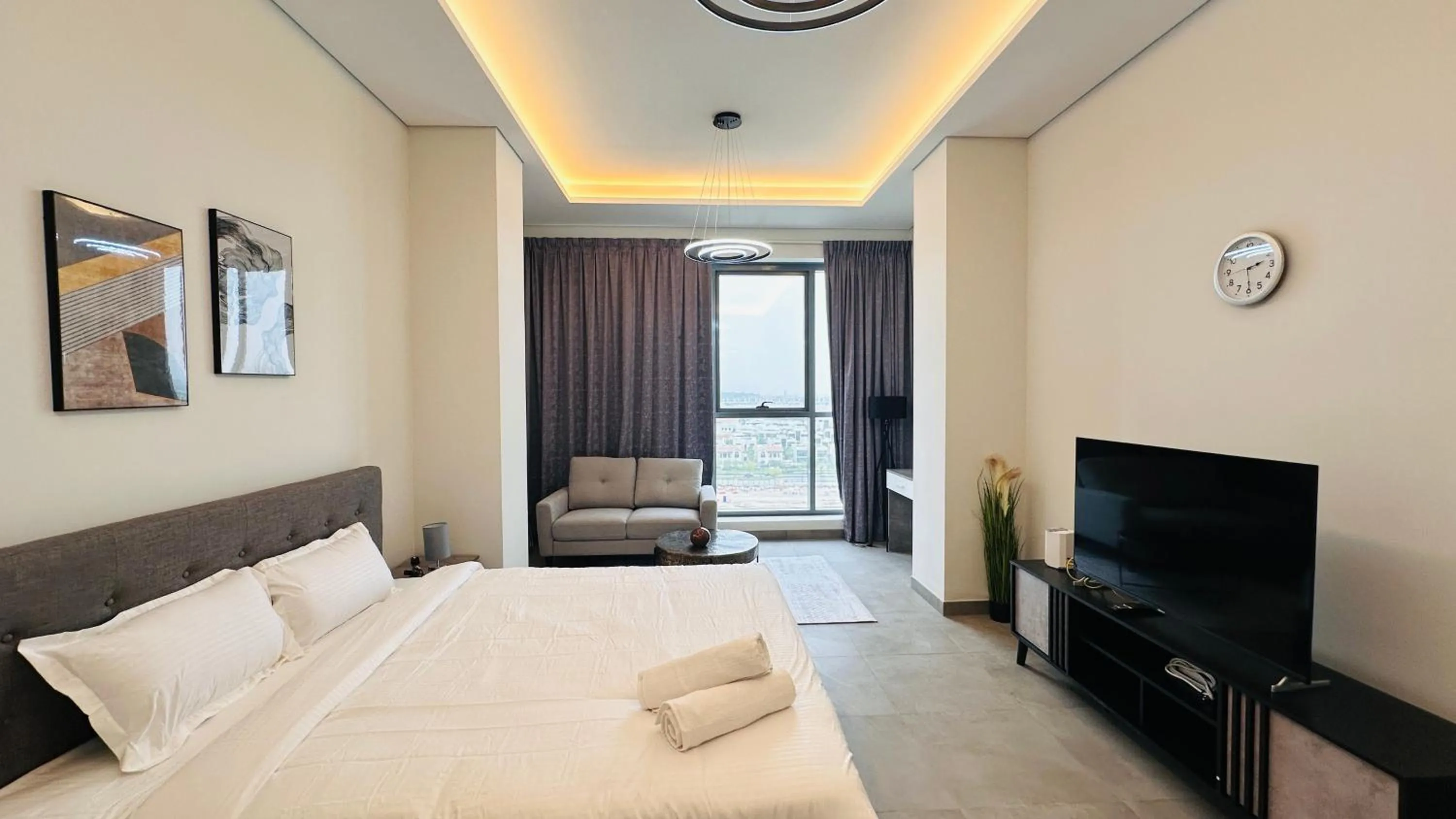 Bedroom, Bed in Spacious Studio Apartment Burj View with Balcony Free Parking by Belvilla