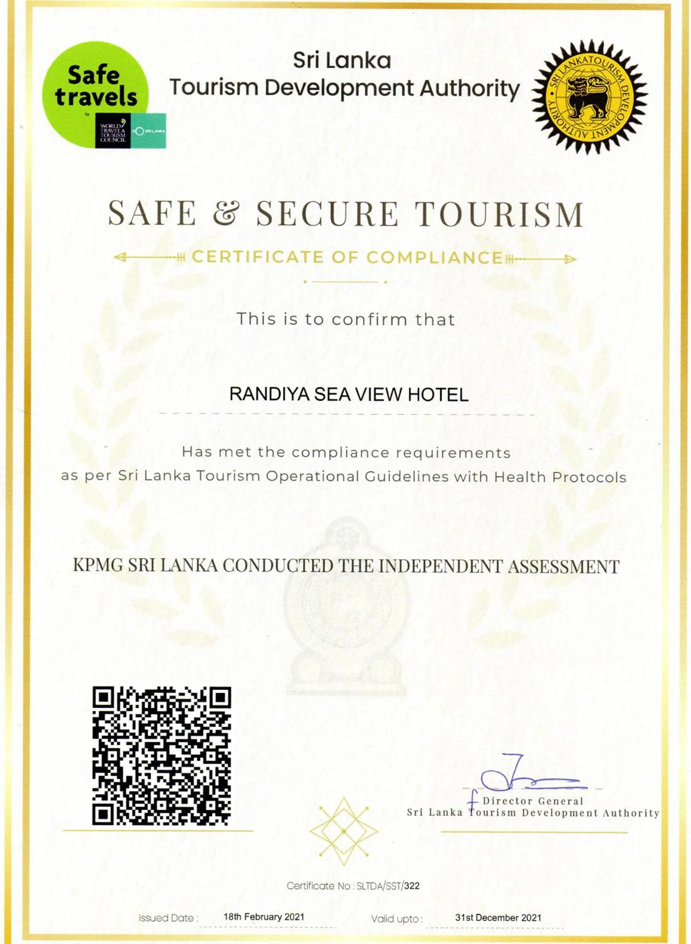 Certificate/Award in Randiya Sea View Hotel