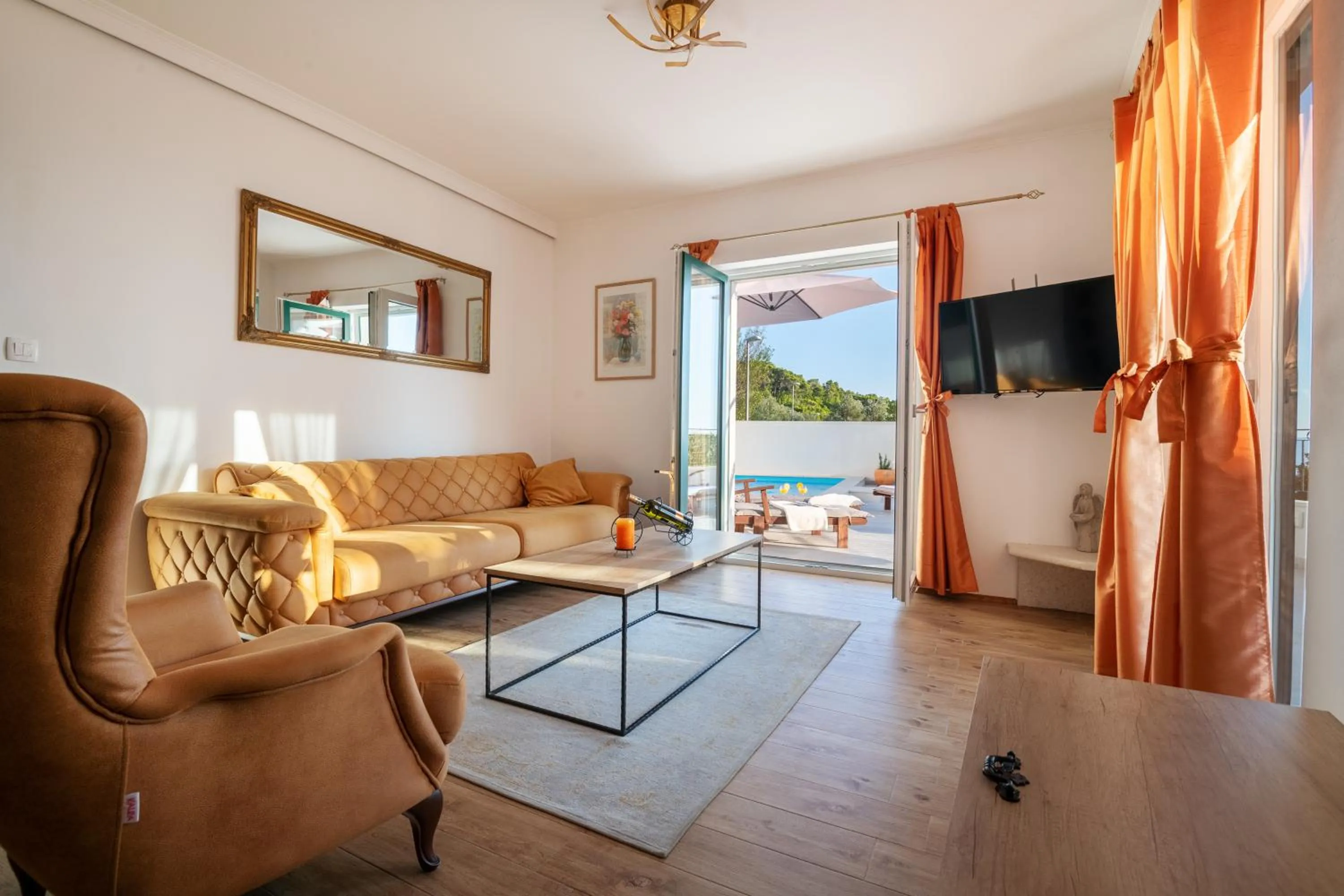 Living room in Villa Gabriel with pool, sauna, jacuzzi