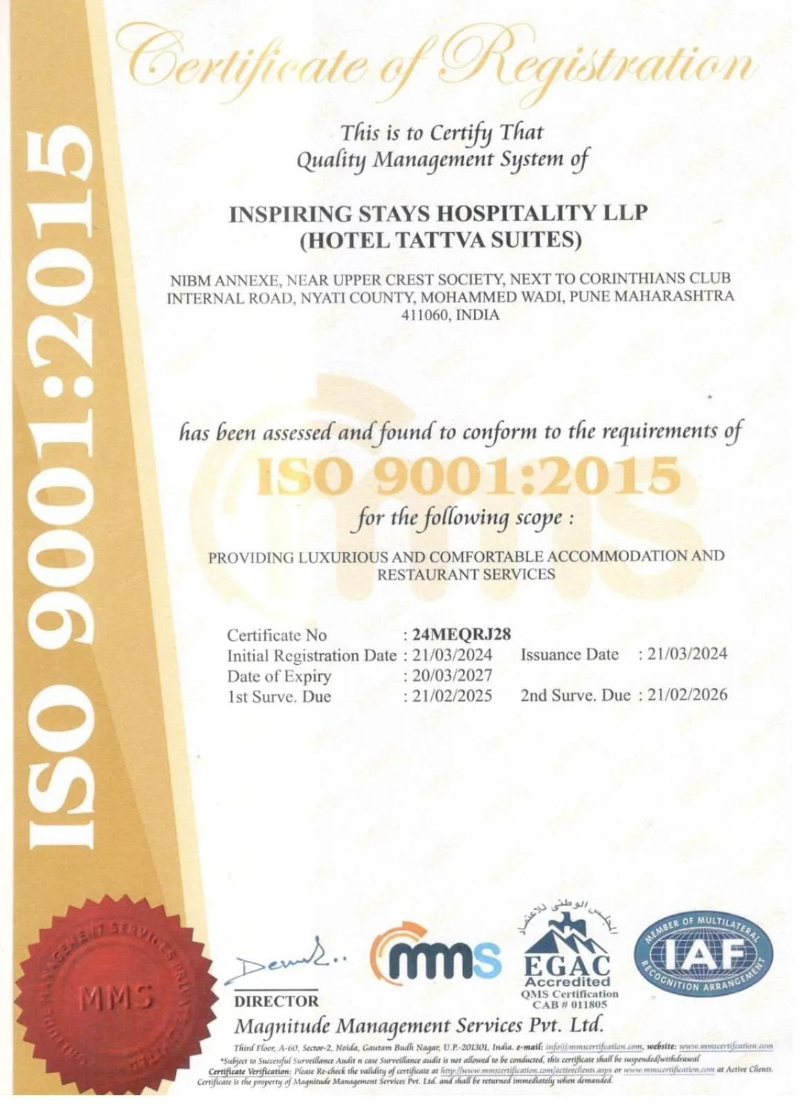 Certificate/Award in Hotel Tattva Suites