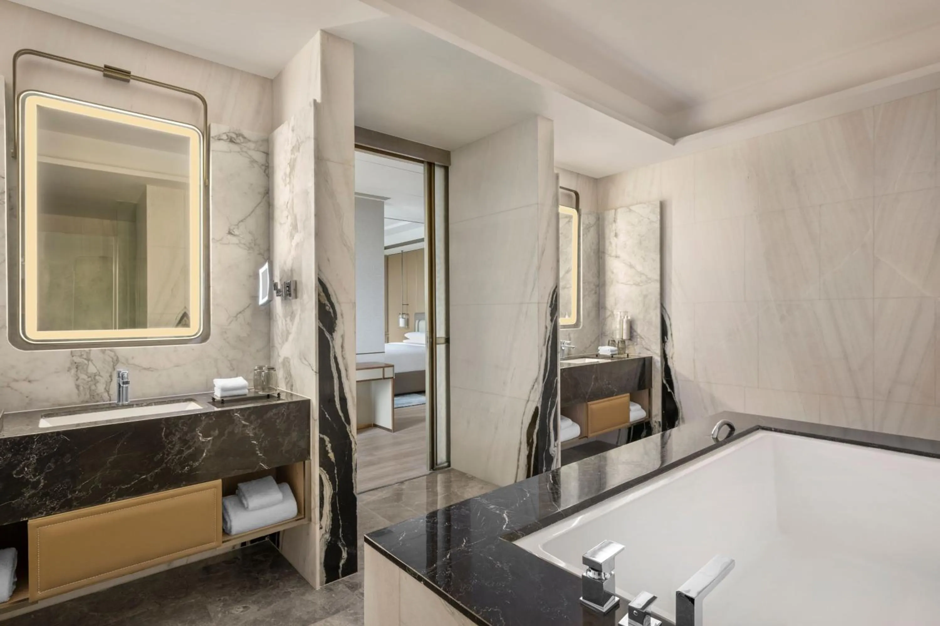 Bathroom, Bed in Navi Mumbai Marriott