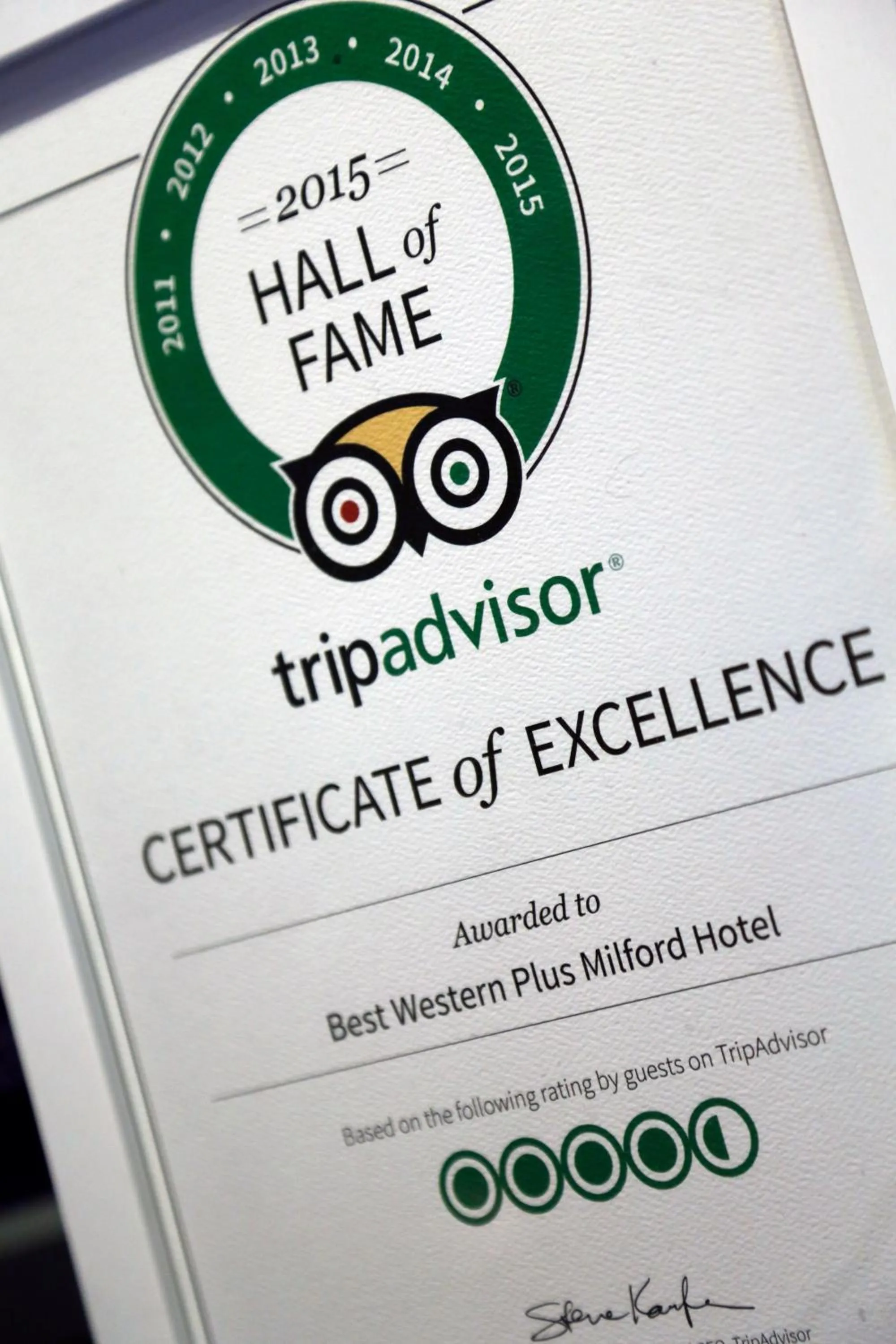 Certificate/Award in Best Western Plus Milford Hotel