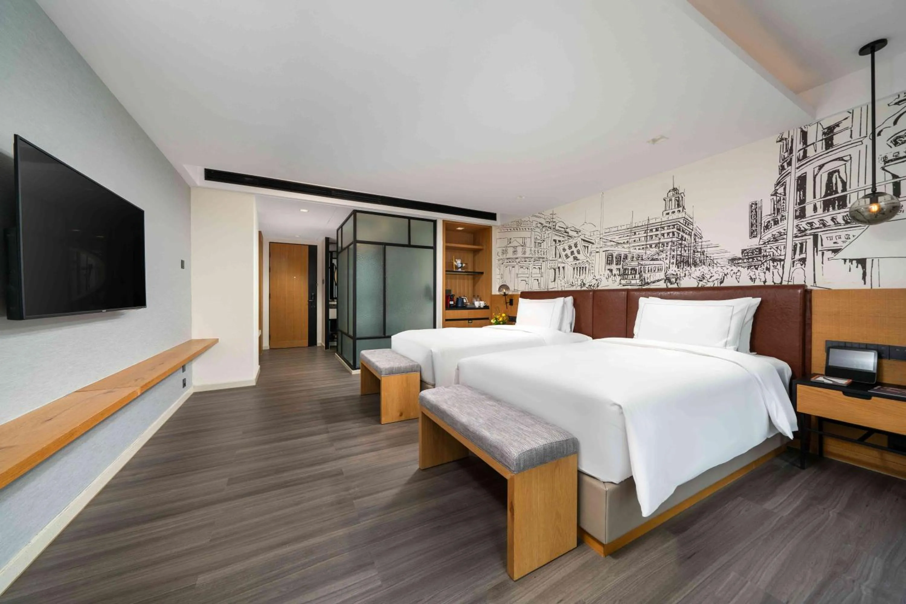 Photo of the whole room, Bed in UrCove by HYATT Guangzhou Canton Tower Exhibition CenterFree shuttle buses for the Canton Fair and the certificate - handling points for Phase 1