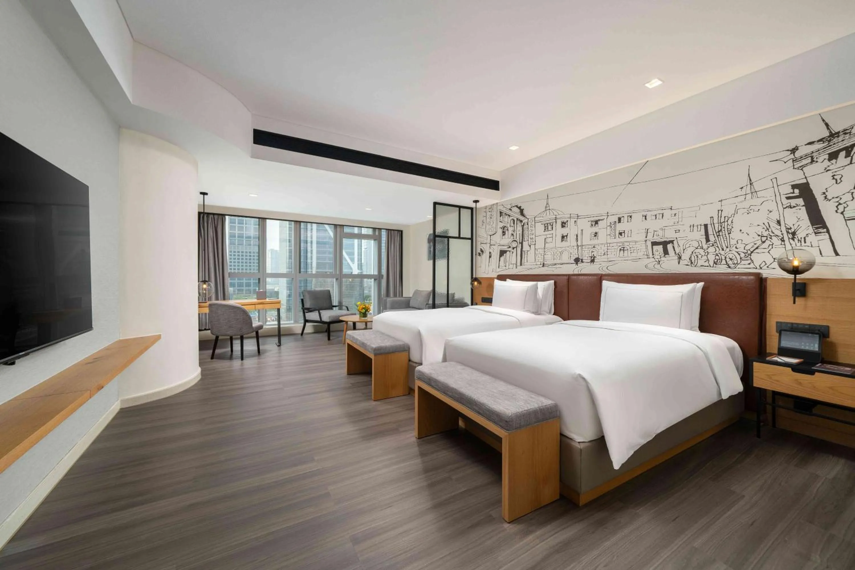 Photo of the whole room, Bed in UrCove by HYATT Guangzhou Canton Tower Exhibition CenterFree shuttle buses for the Canton Fair and the certificate - handling points for Phase 1
